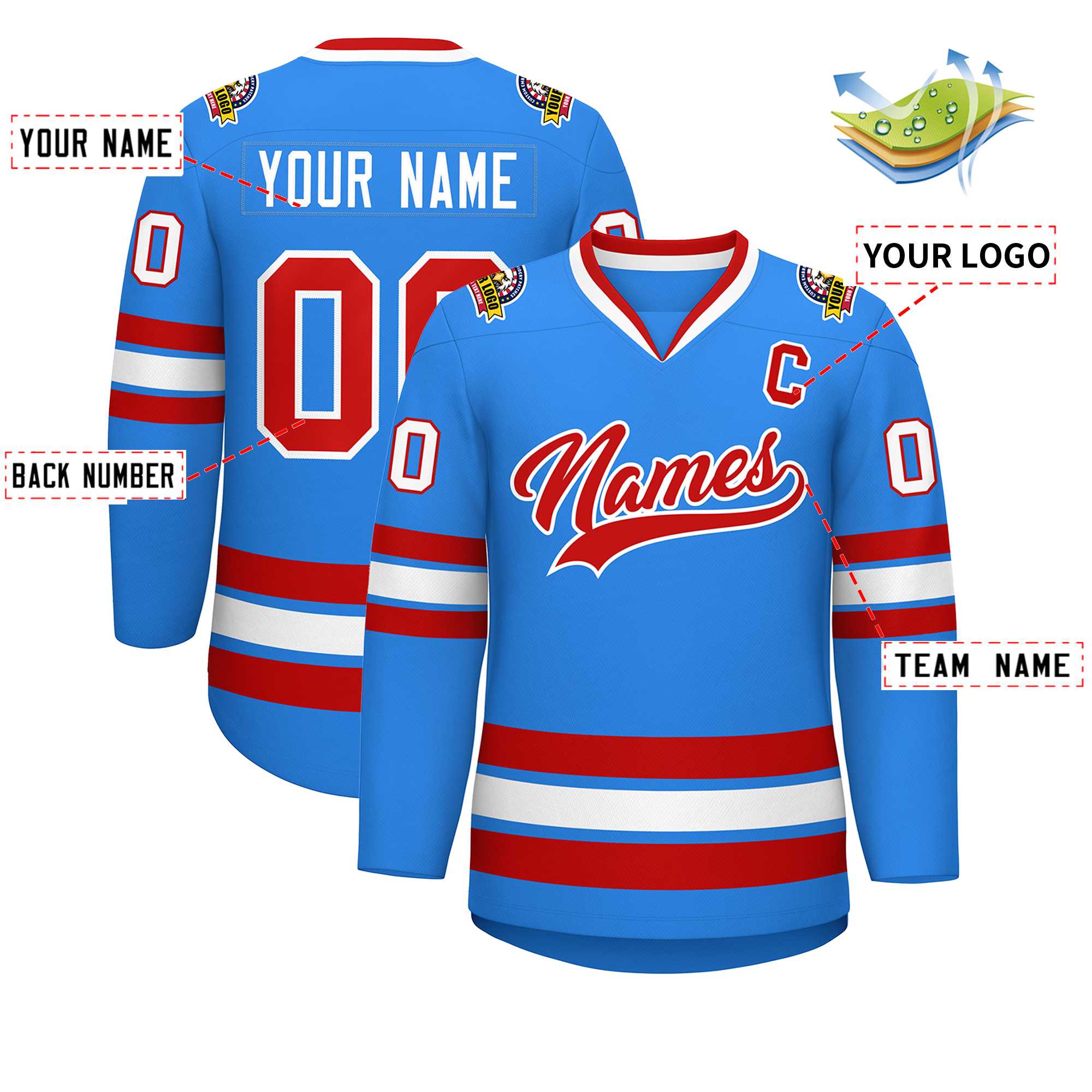 Maillot de hockey de style classique bleu poudre rouge-blanc personnalisé