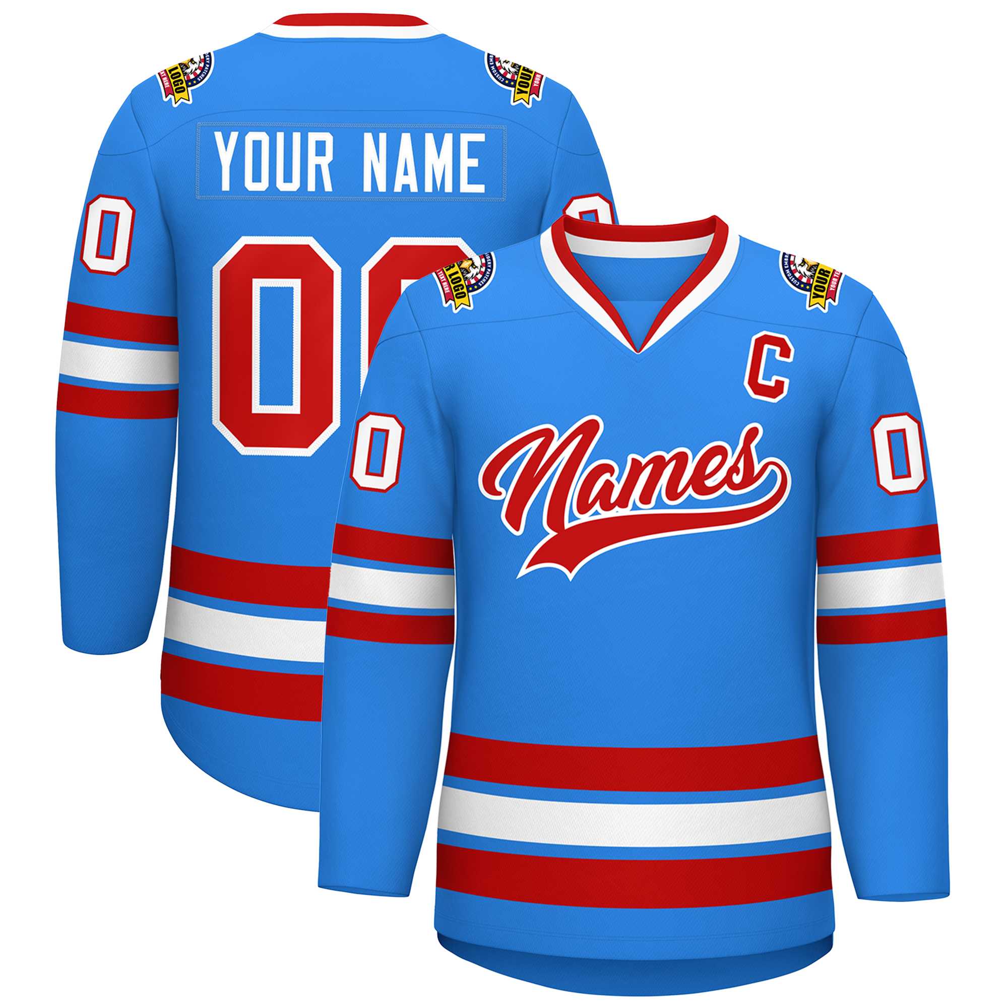 Maillot de hockey de style classique bleu poudre rouge-blanc personnalisé