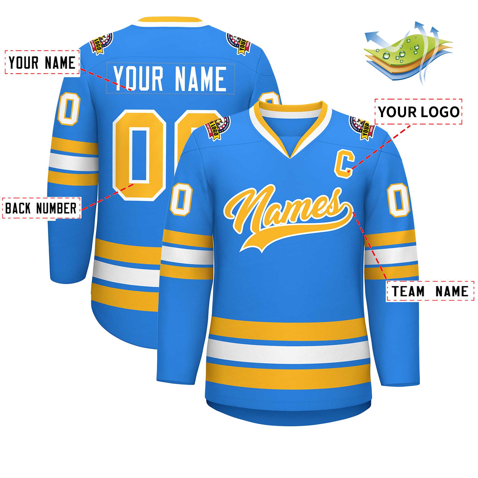 Custom Powder Blue Gold-White Classic Style Hockey Jersey