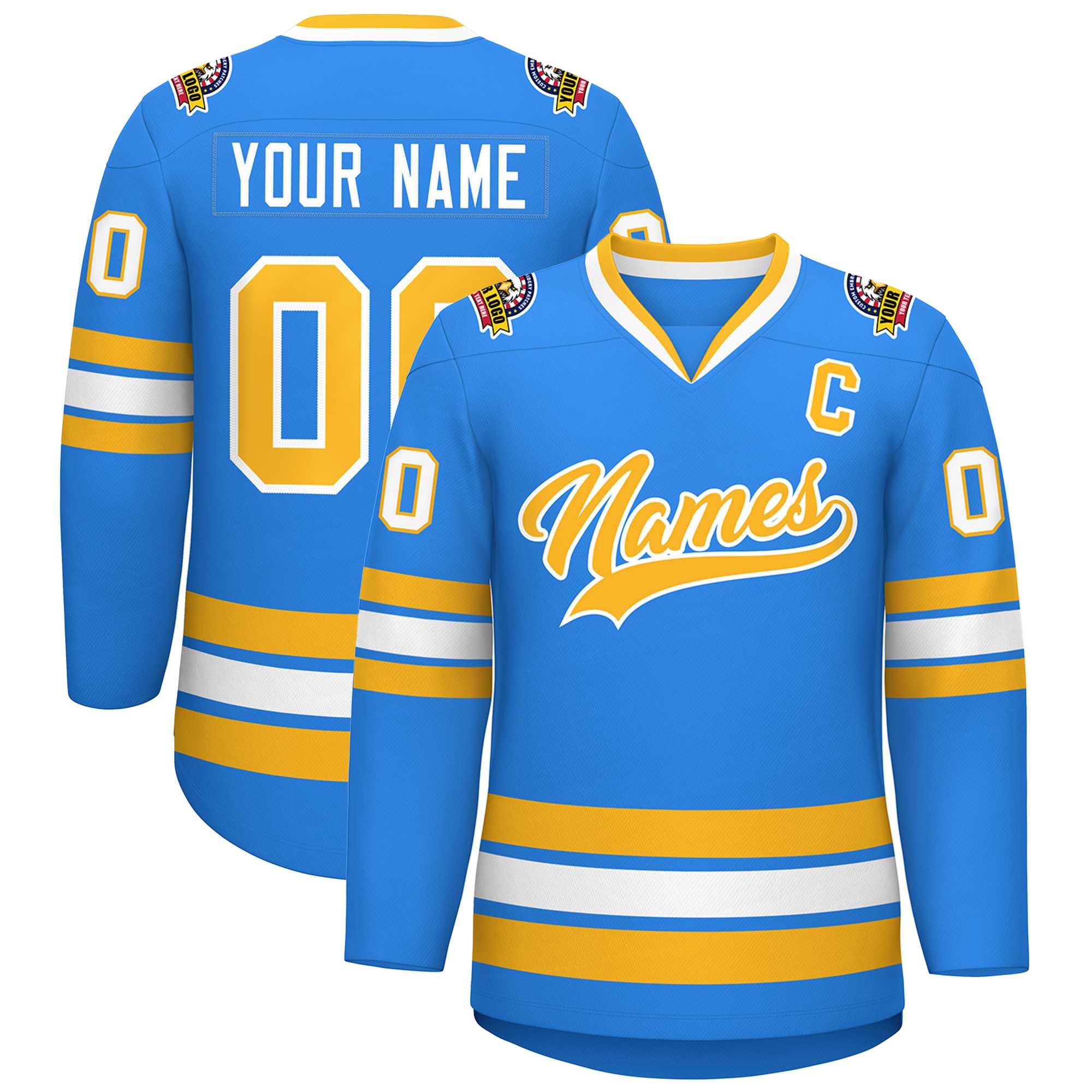 Custom Powder Blue Gold-White Classic Style Hockey Jersey