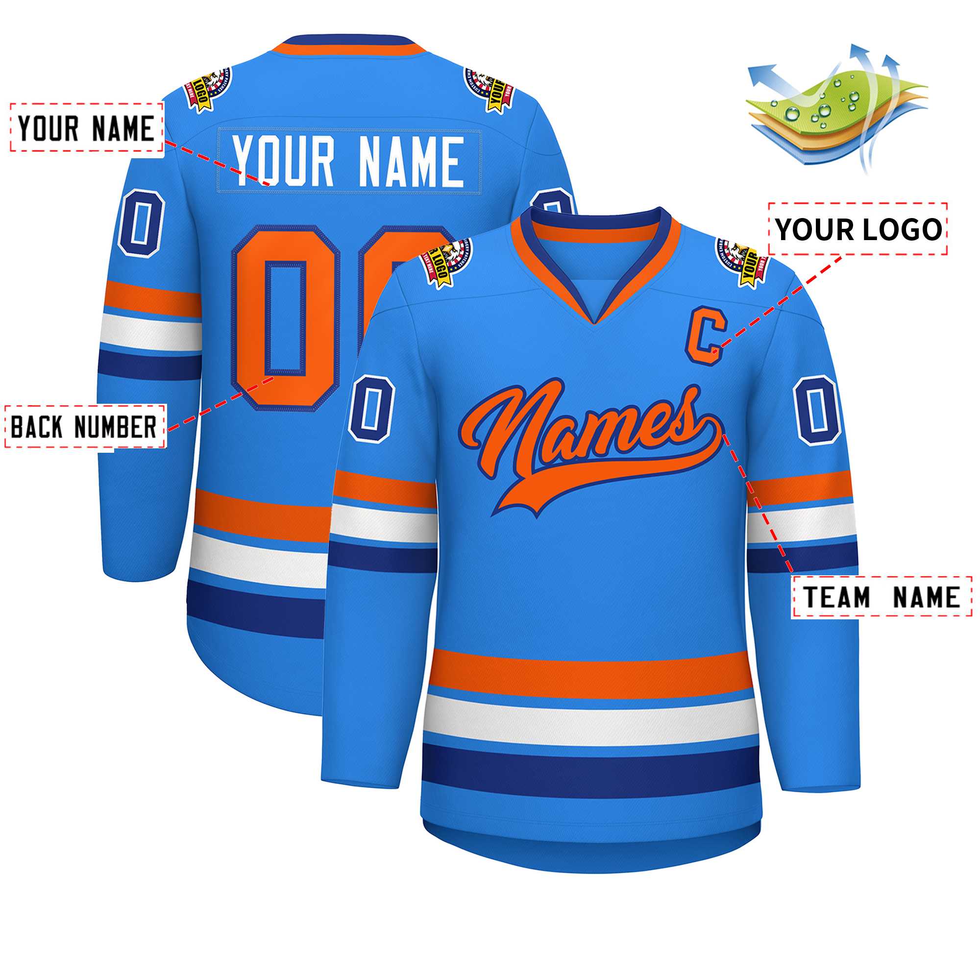 Maillot de hockey de style classique bleu poudre orange-royal personnalisé