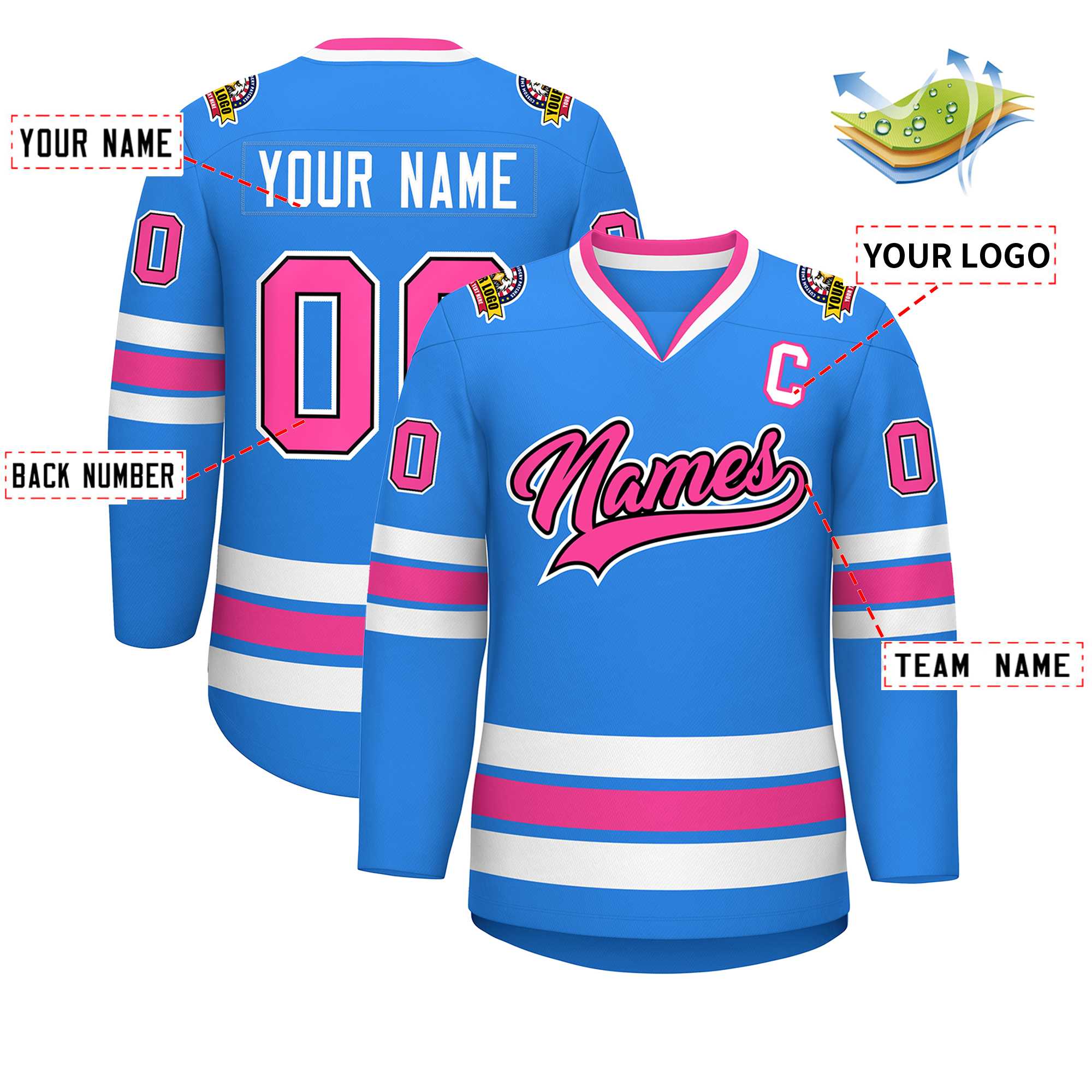 Custom Powder Blue Pink Black-White Classic Style Hockey Jersey