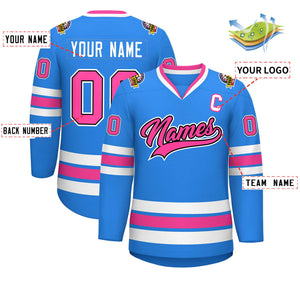 Maillot de hockey de style classique personnalisé bleu poudre rose noir-blanc