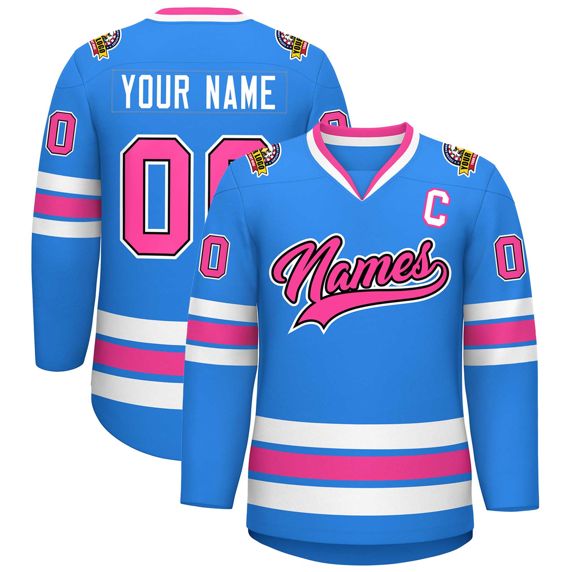 Custom Powder Blue Pink Black-White Classic Style Hockey Jersey