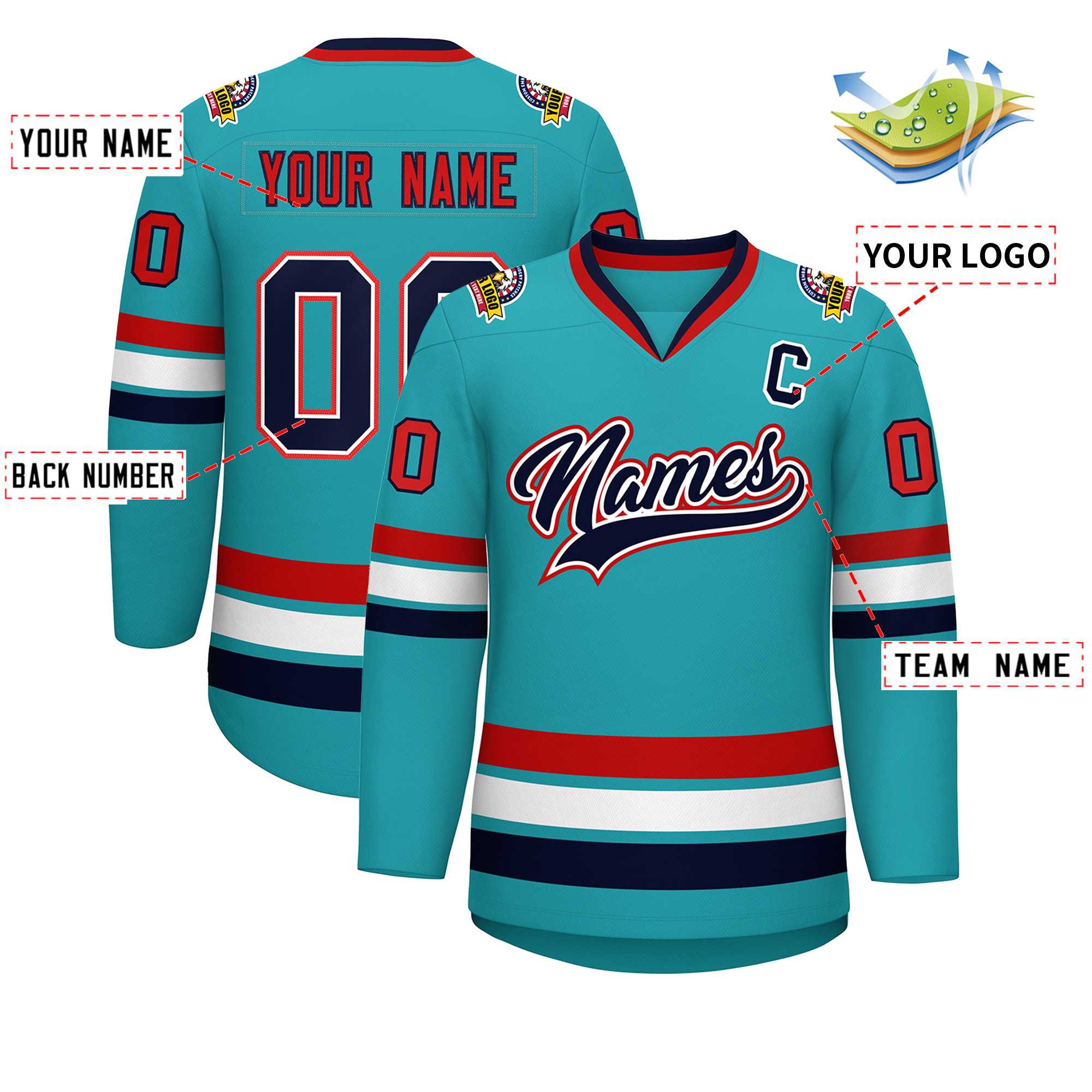 Custom Aqua Navy White-Red Classic Style Hockey Jersey