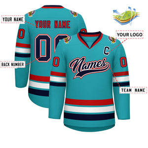 Maillot de hockey de style classique Aqua Navy blanc-rouge personnalisé