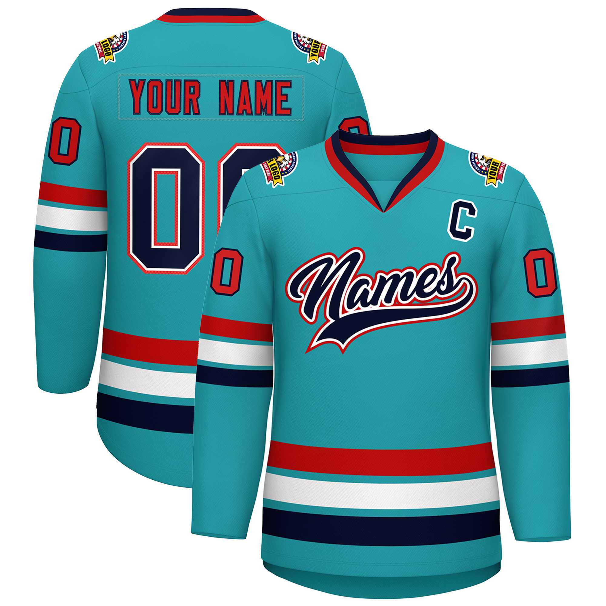 Custom Aqua Navy White-Red Classic Style Hockey Jersey