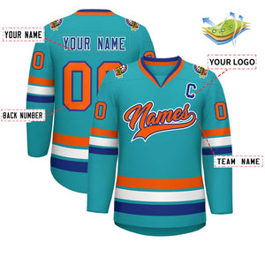 Custom Aqua Orange Royal-White Classic Style Hockey Jersey