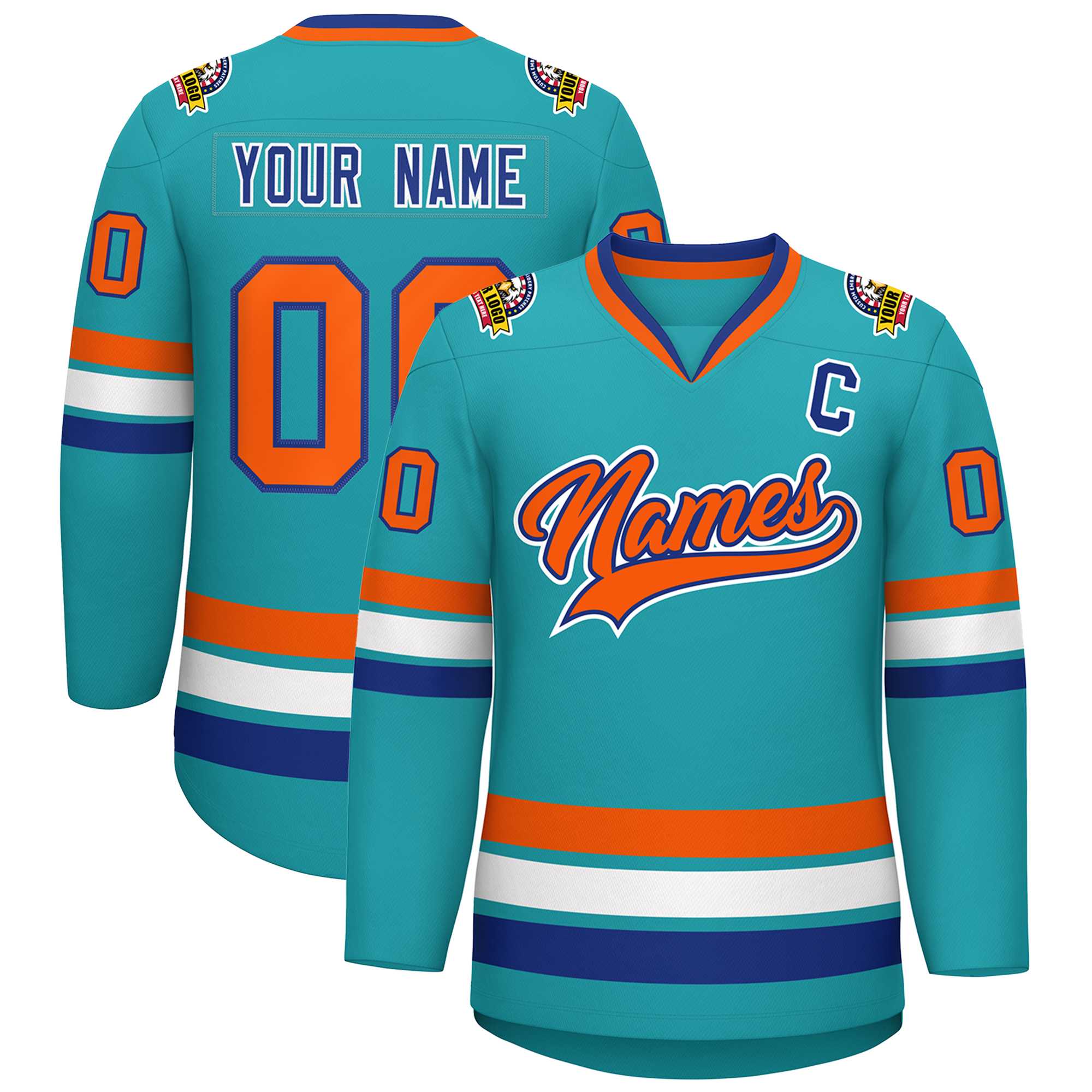 Custom Aqua Orange Royal-White Classic Style Hockey Jersey