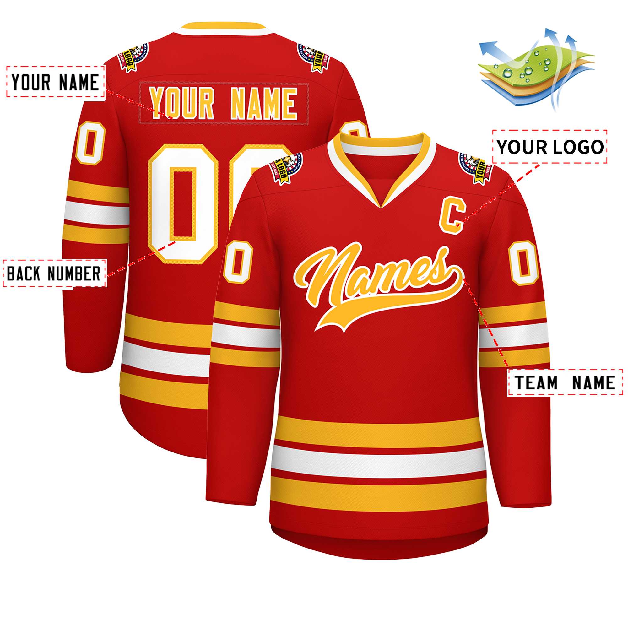 Maillot de hockey de style classique personnalisé rouge or-blanc