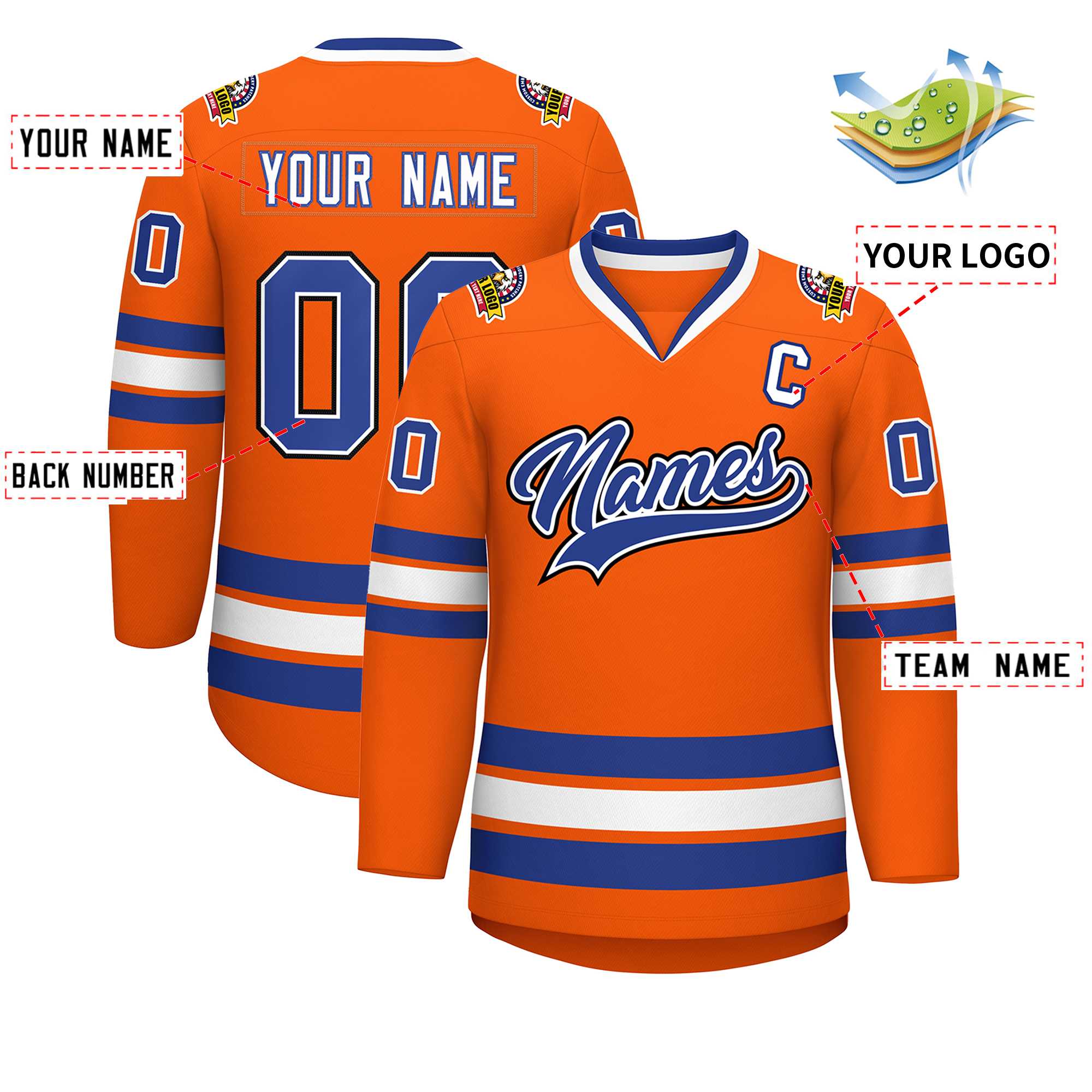 Custom Orange Royal White-Black Classic Style Hockey Jersey