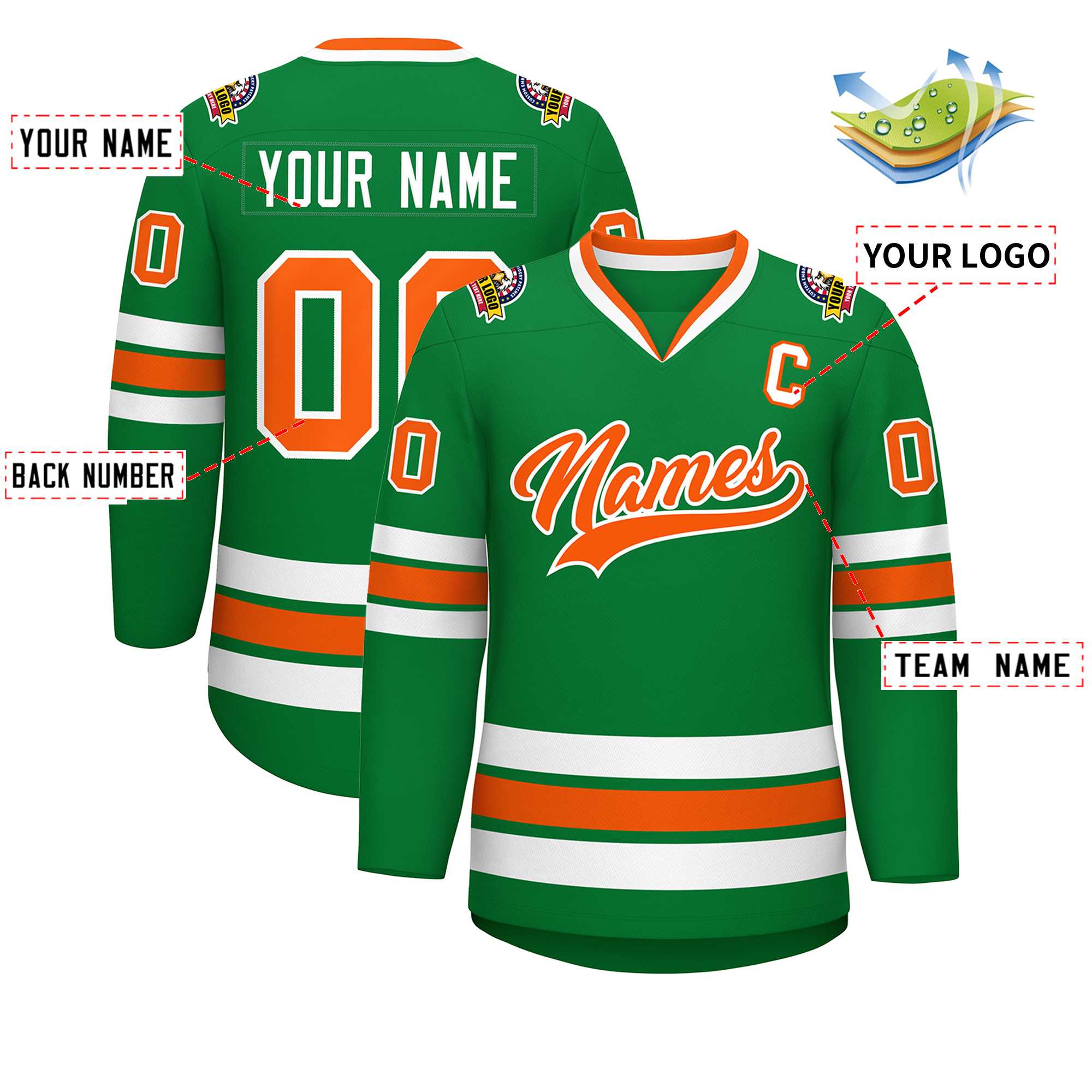 Maillot de hockey de style classique Kelly vert orange-blanc personnalisé