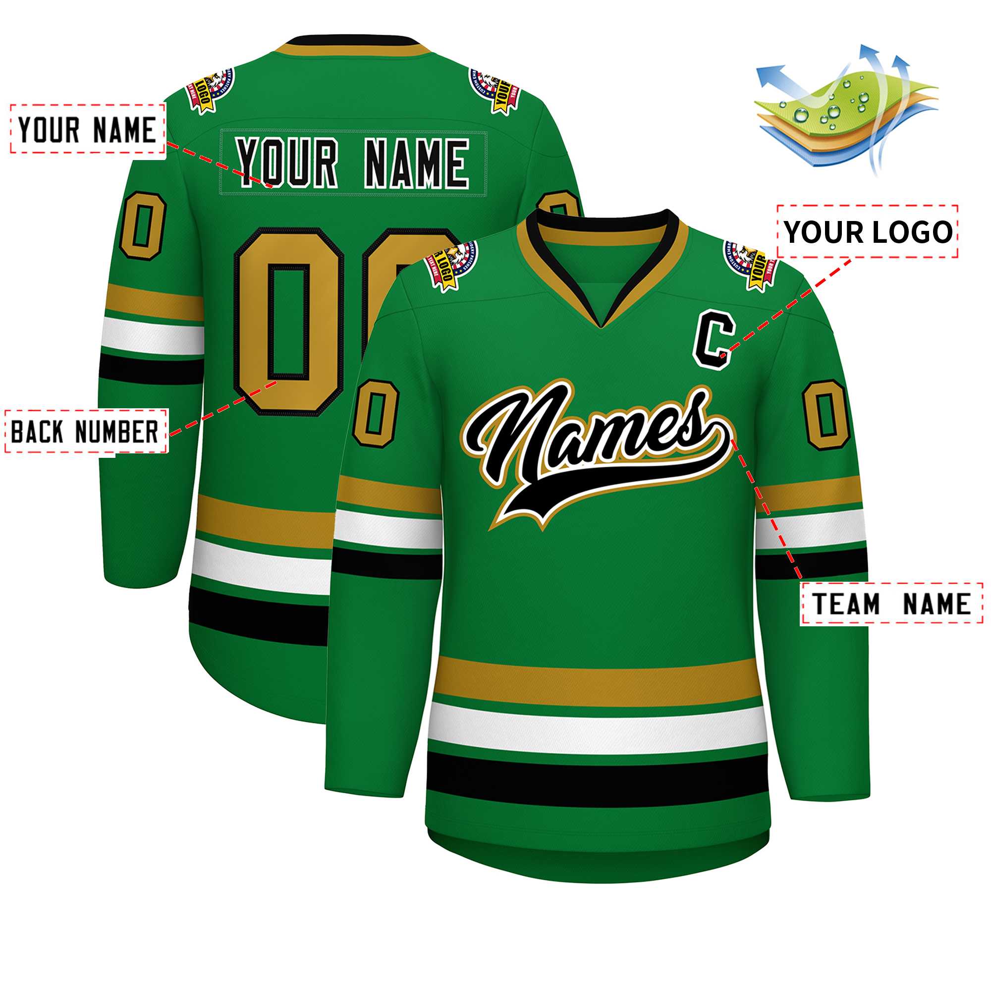 Custom Kelly Green Black White-Old Gold Classic Style Hockey Jersey