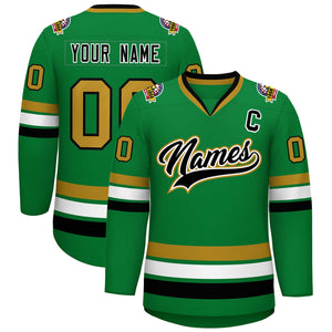 Custom Kelly Green Black White-Old Gold Classic Style Hockey Jersey