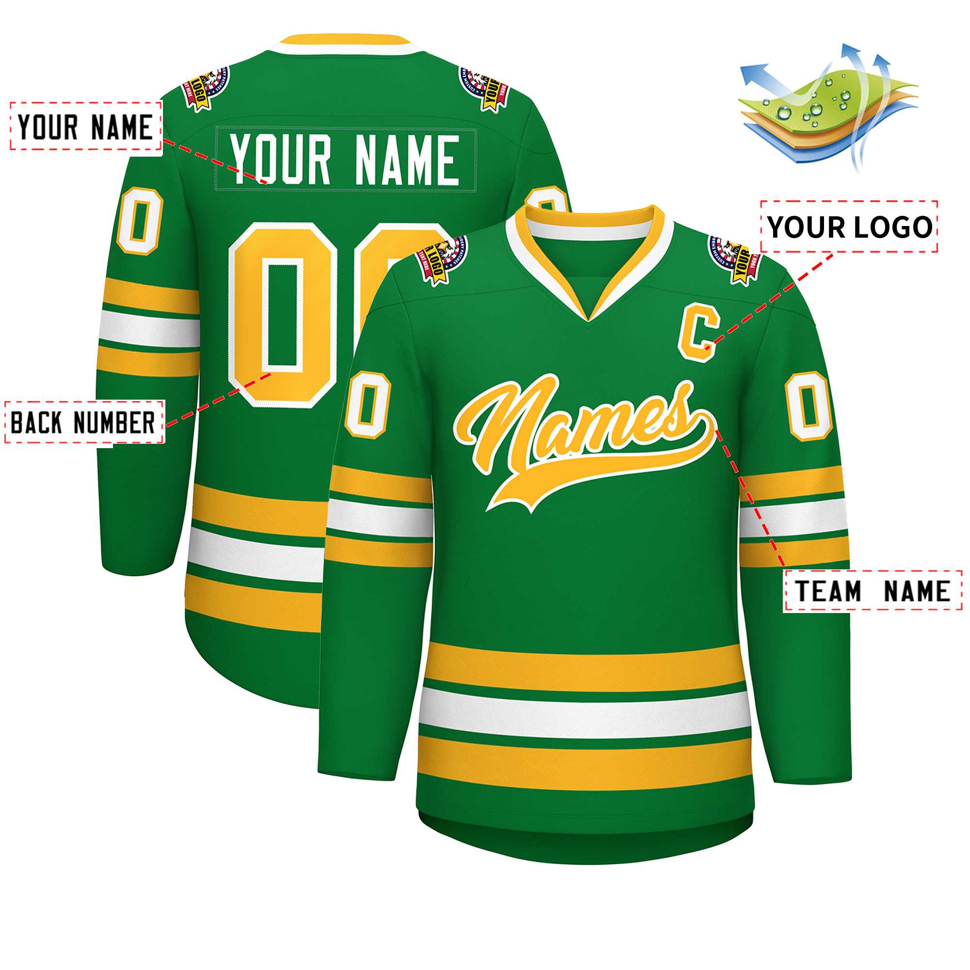 Maillot de hockey de style classique Kelly vert or-blanc personnalisé