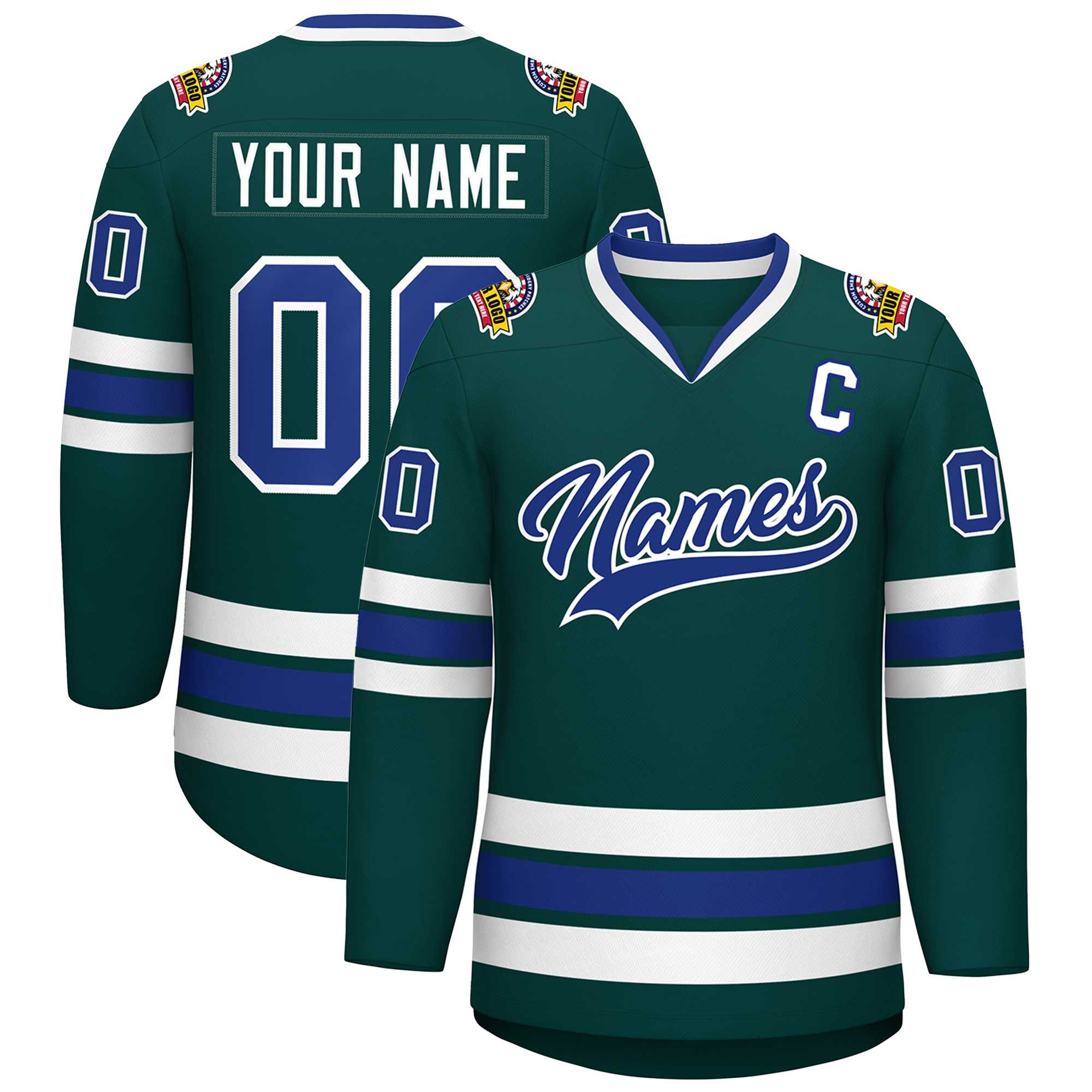 Maillot de hockey personnalisé de style classique, vert minuit, royal-blanc