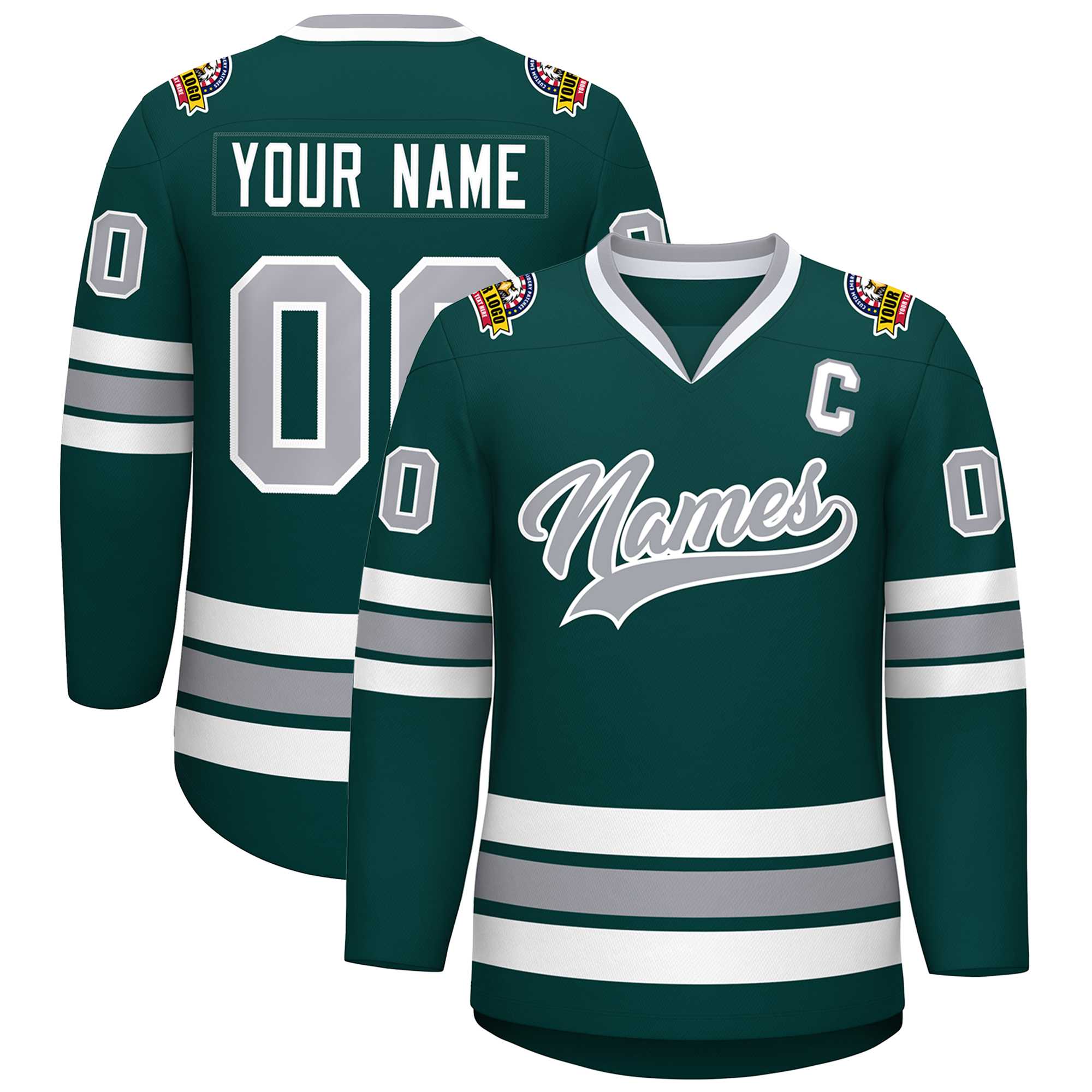 Custom Midnight Green Gray-White Classic Style Hockey Jersey