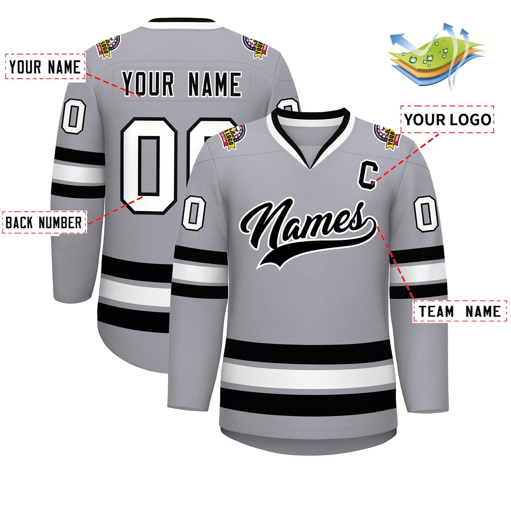 Maillot de hockey de style classique gris noir-blanc personnalisé