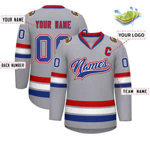 Custom Gray Royal White-Red Classic Style Hockey Jersey