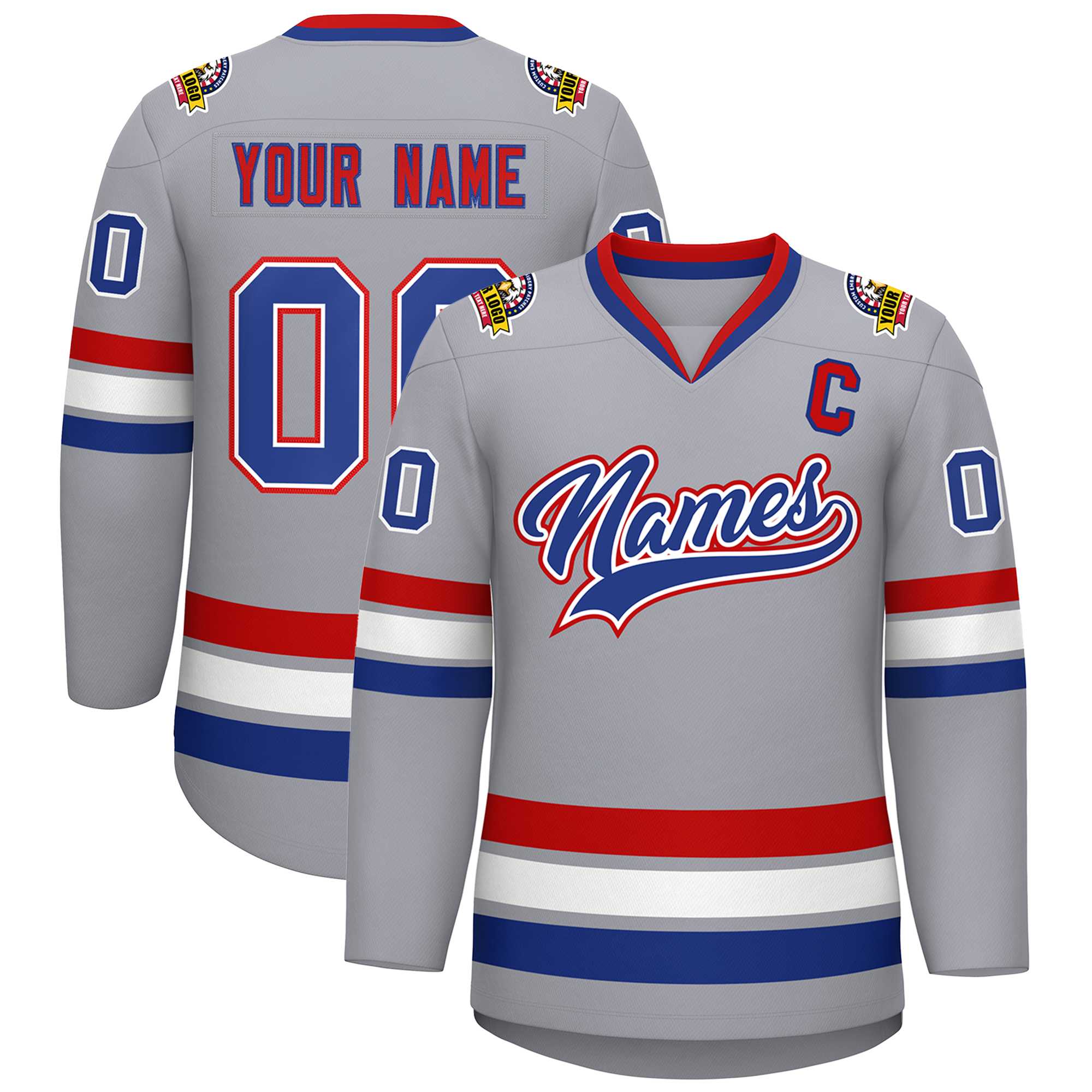 Custom Gray Royal White-Red Classic Style Hockey Jersey