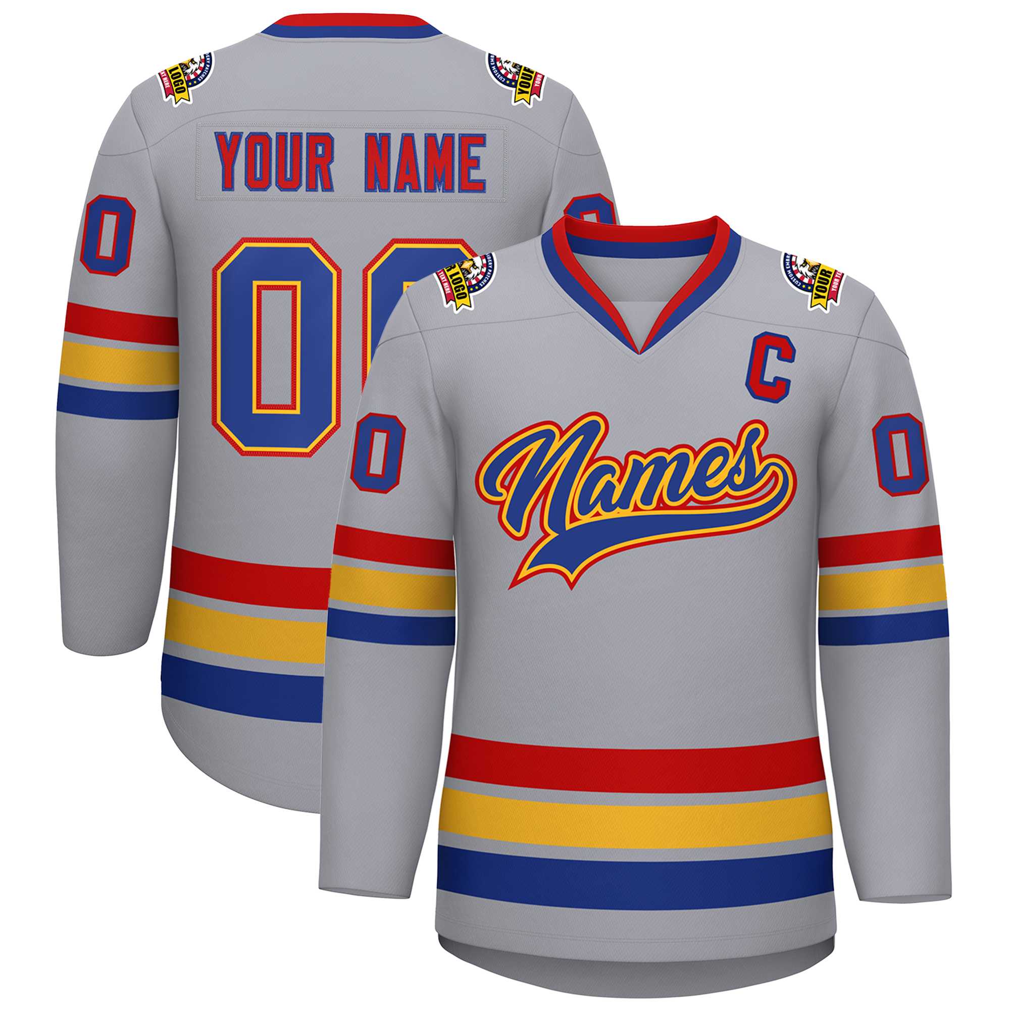 Custom Gray Royal Gold-Red Classic Style Hockey Jersey