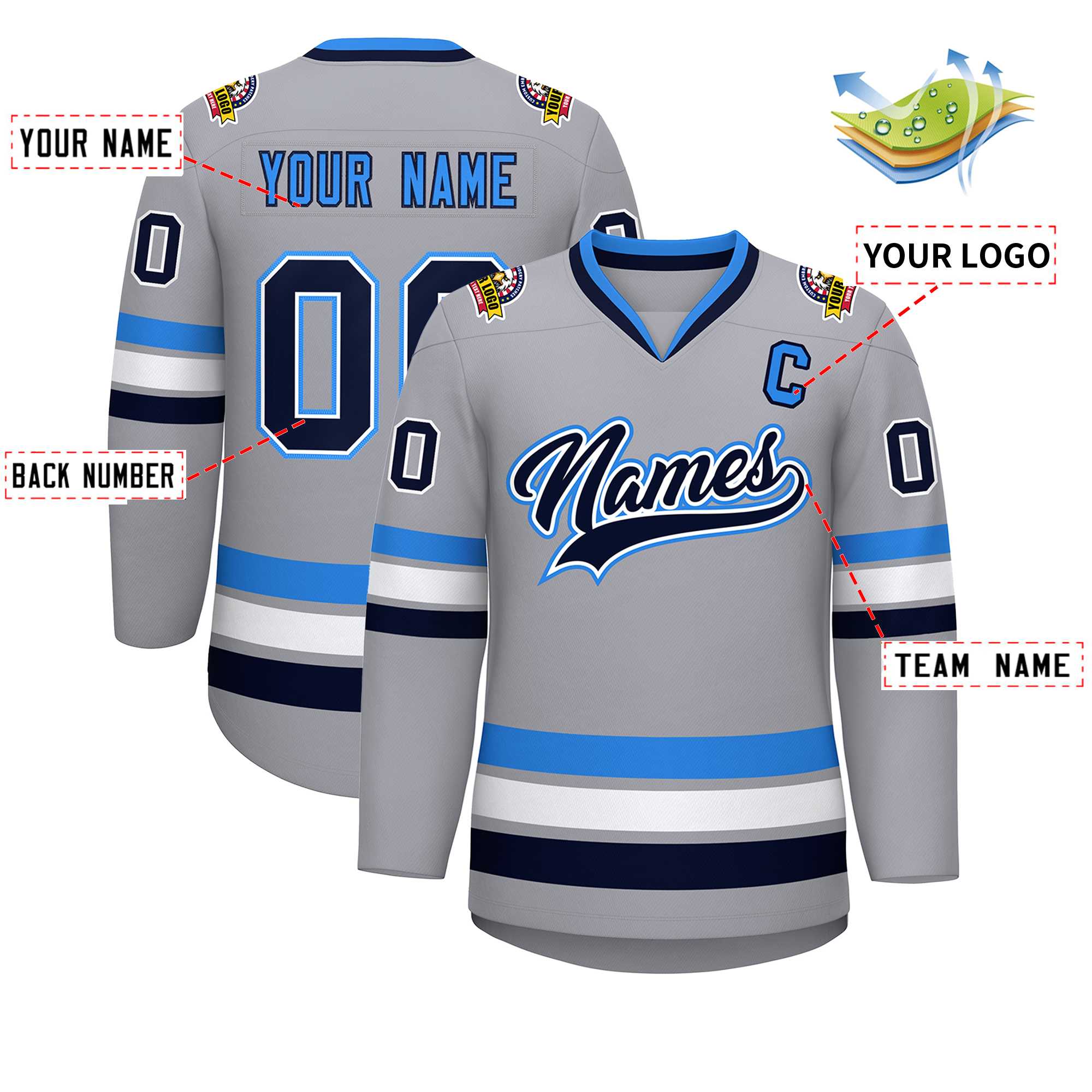 Maillot de hockey personnalisé gris marine blanc-bleu poudre, style classique