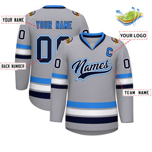 Custom Gray Navy White-Powder Blue Classic Style Hockey Jersey