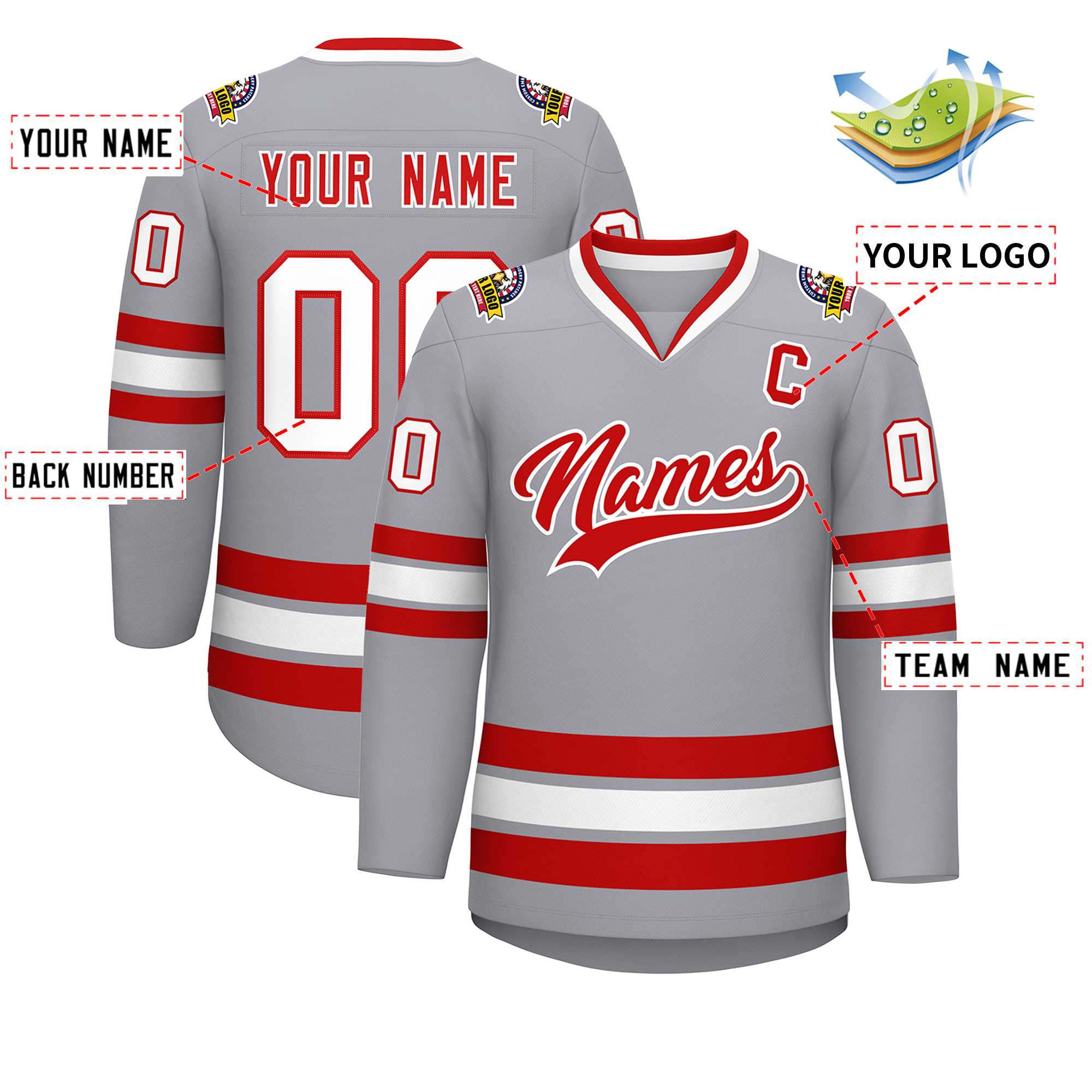 Maillot de hockey de style classique gris rouge-blanc personnalisé