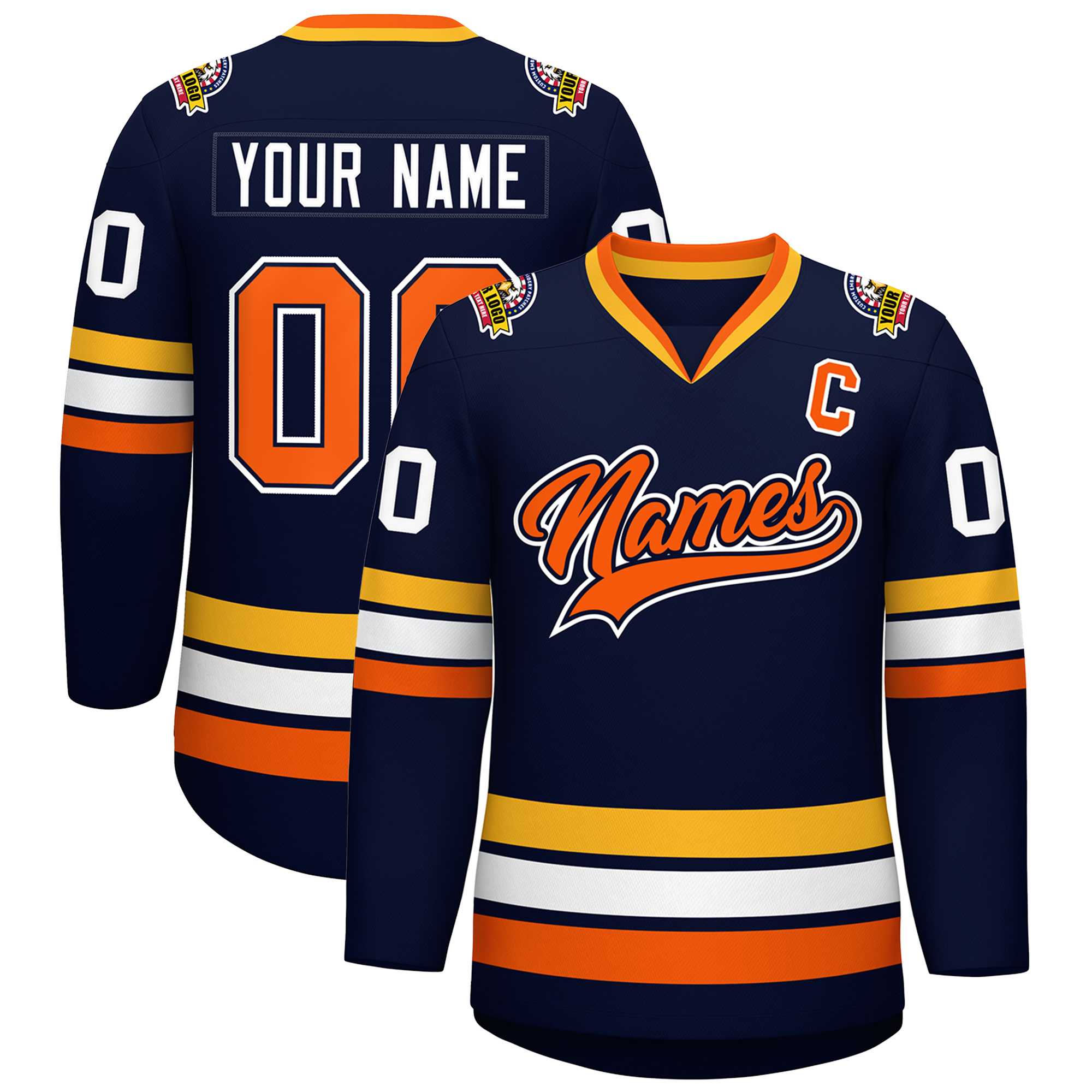 Custom Navy Orange Navy-White Classic Style Hockey Jersey