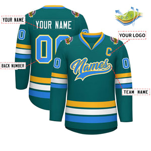 Custom Aqua Powder Blue White-Gold Classic Style Hockey Jersey