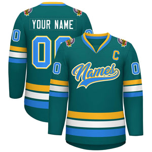 Custom Aqua Powder Blue White-Gold Classic Style Hockey Jersey