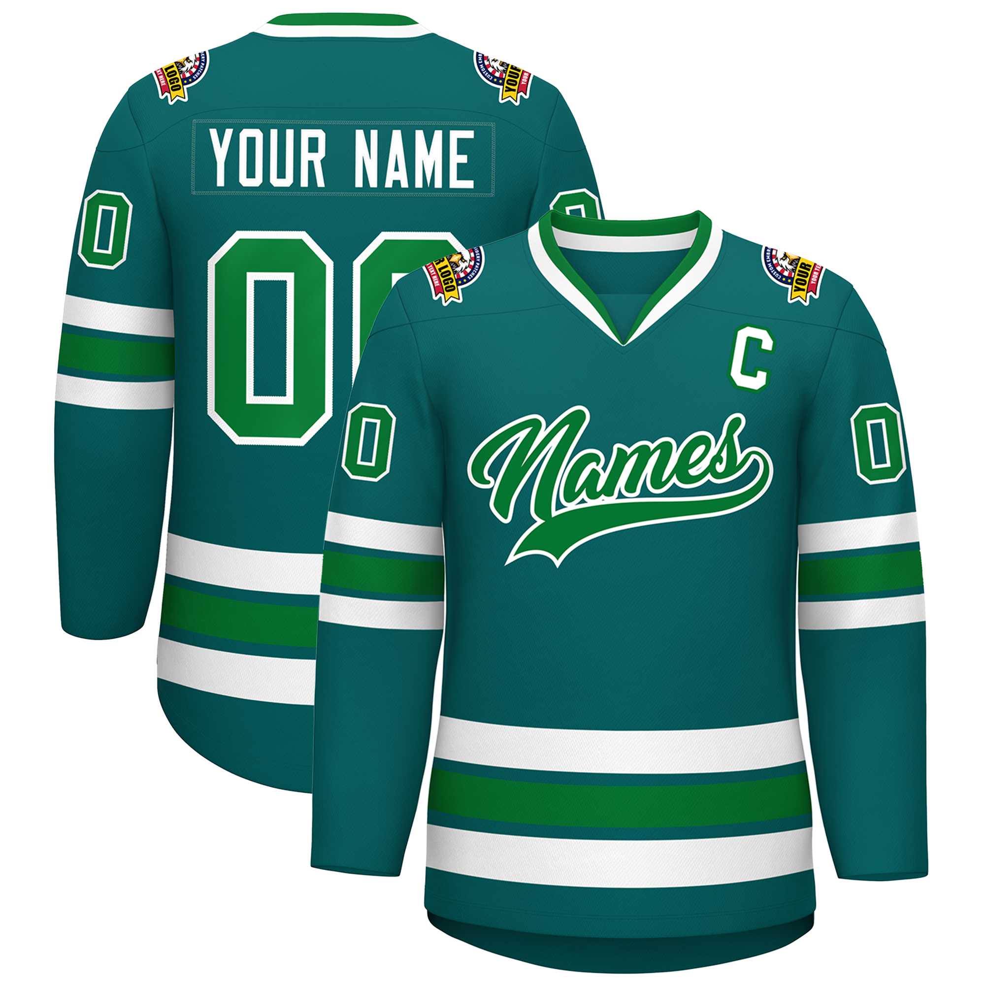 Custom Aqua Kelly Green-White Classic Style Hockey Jersey