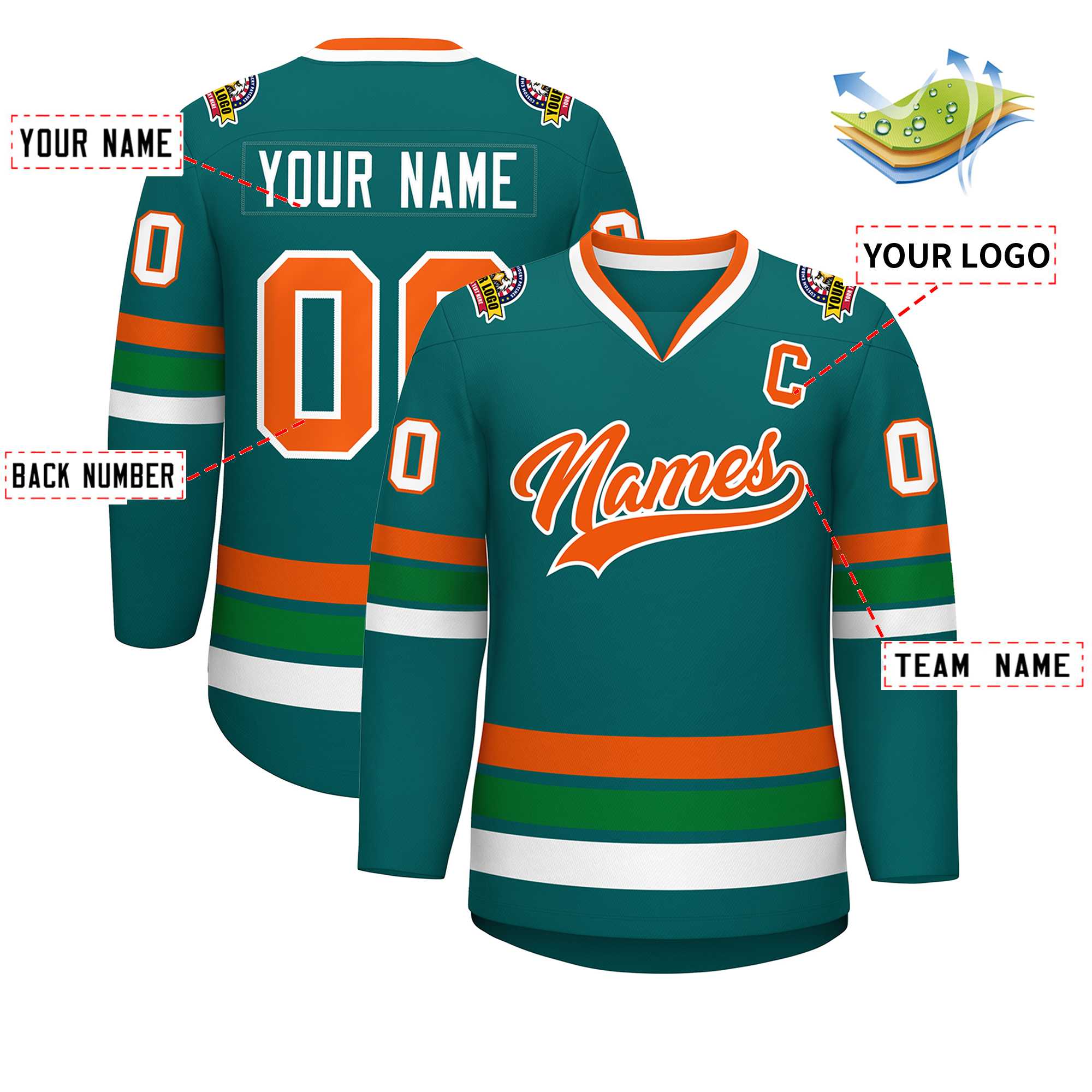 Custom Aqua Orange-White Classic Style Hockey Jersey