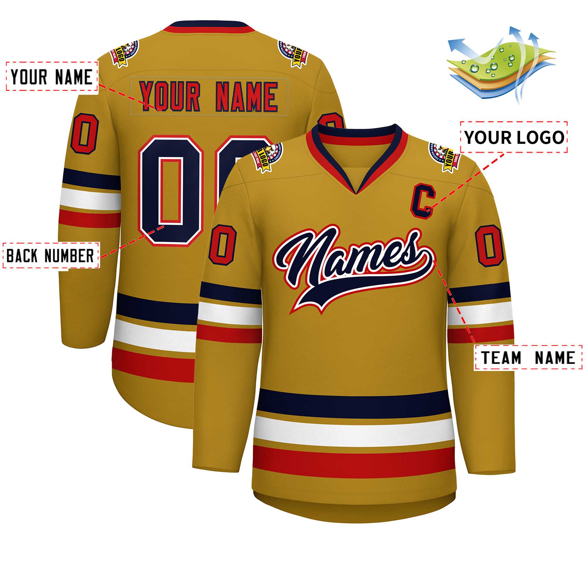 Maillot de hockey personnalisé de style classique blanc-rouge Old Gold Navy