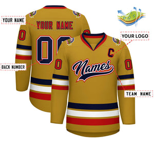 Custom Old Gold Navy White-Red Classic Style Hockey Jersey