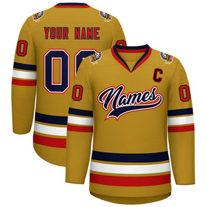 Custom Old Gold Navy White-Red Classic Style Hockey Jersey