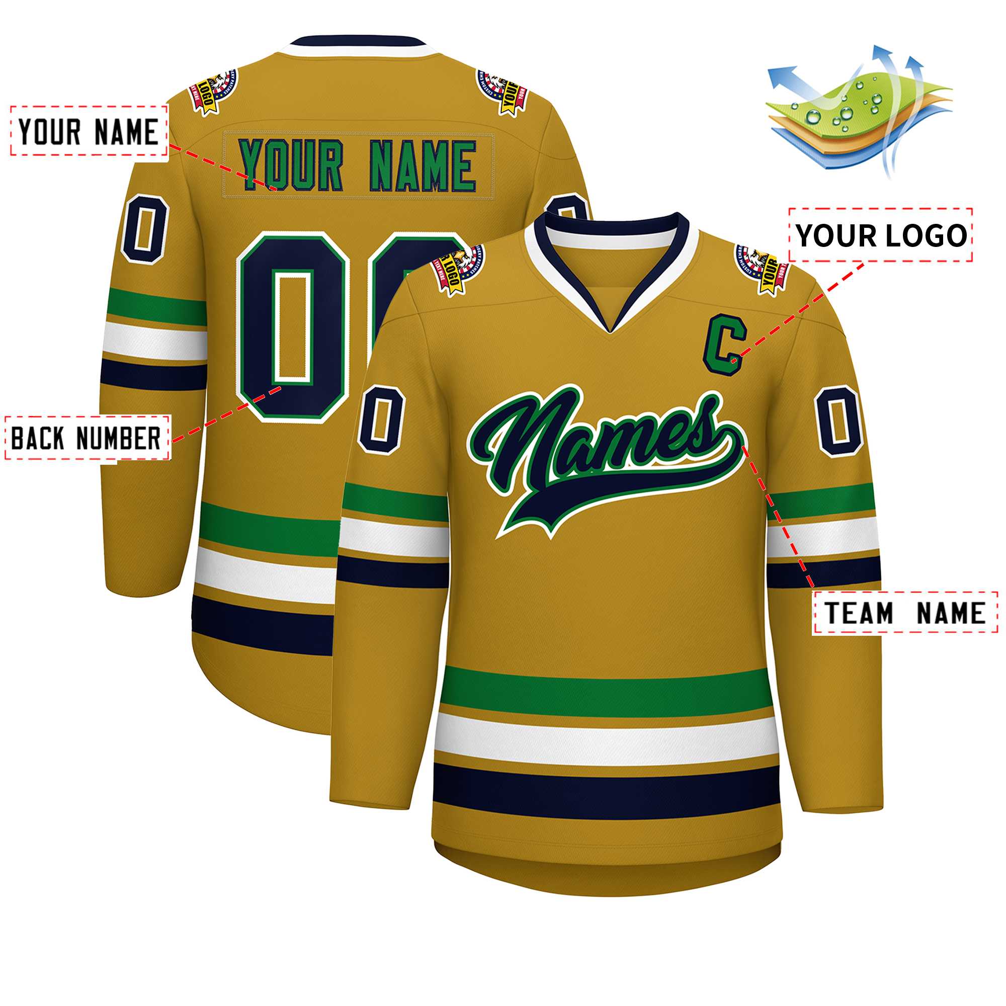 Custom Old Gold Navy Kelly Green-White Classic Style Hockey Jersey