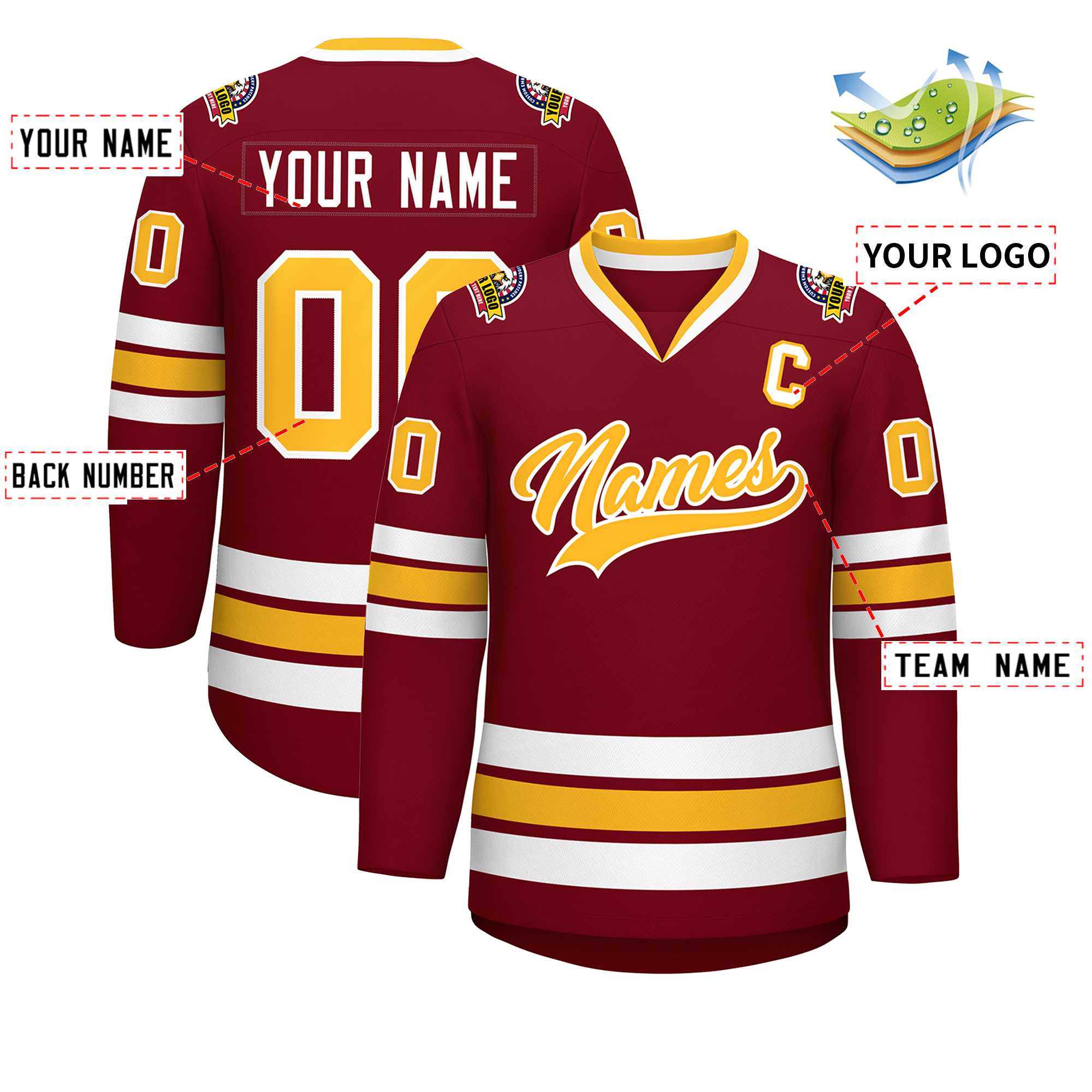 Custom Crimson Gold-White Classic Style Hockey Jersey