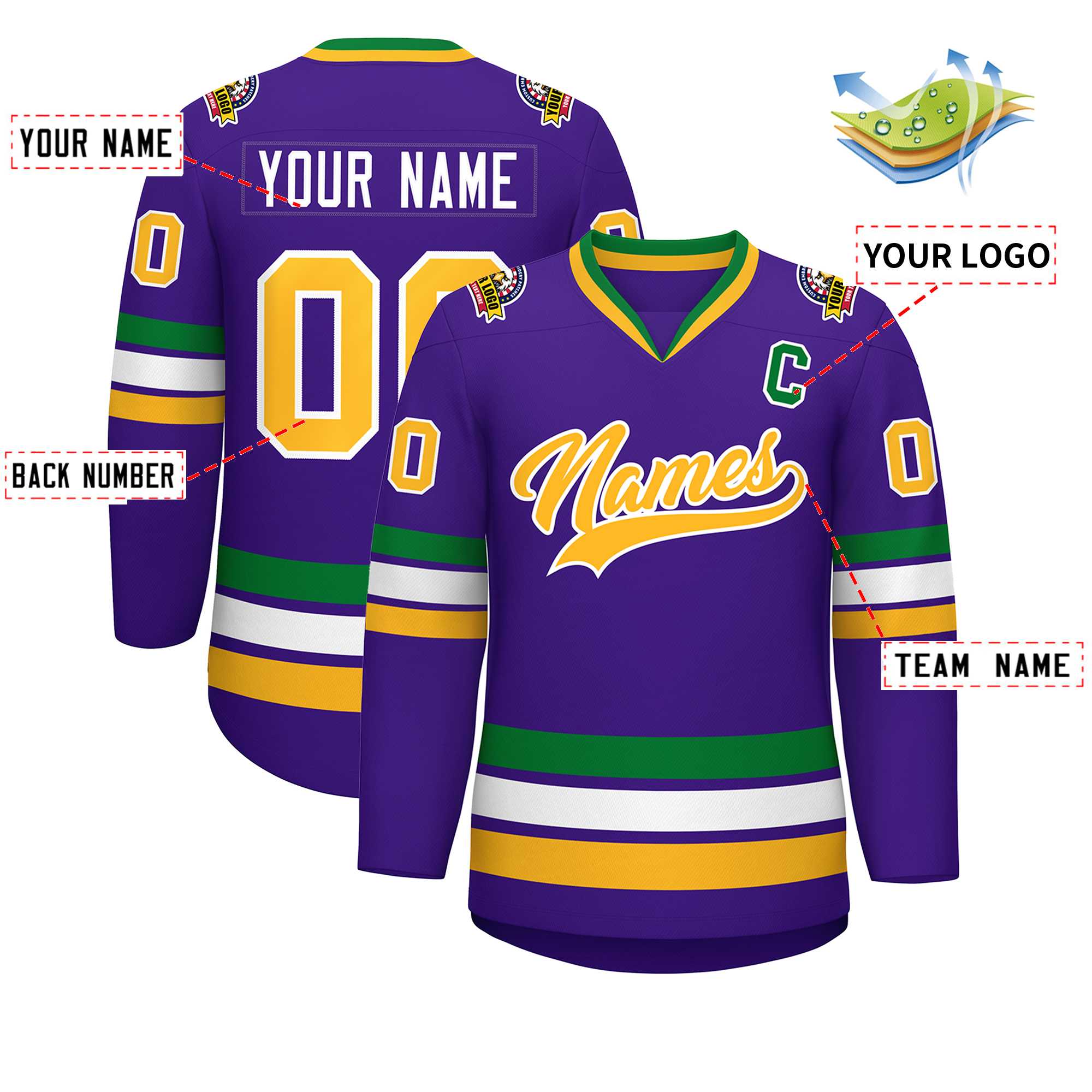 Maillot de hockey de style classique violet or-blanc personnalisé