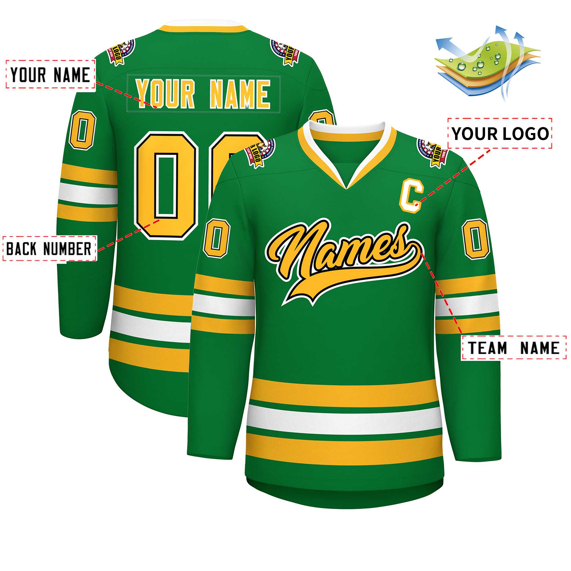 Custom Kelly Green Gold Black-White Classic Style Hockey Jersey