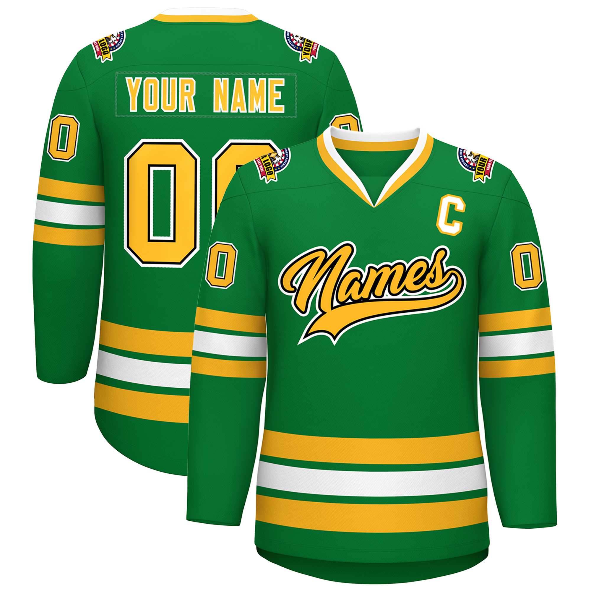 Custom Kelly Green Gold Black-White Classic Style Hockey Jersey