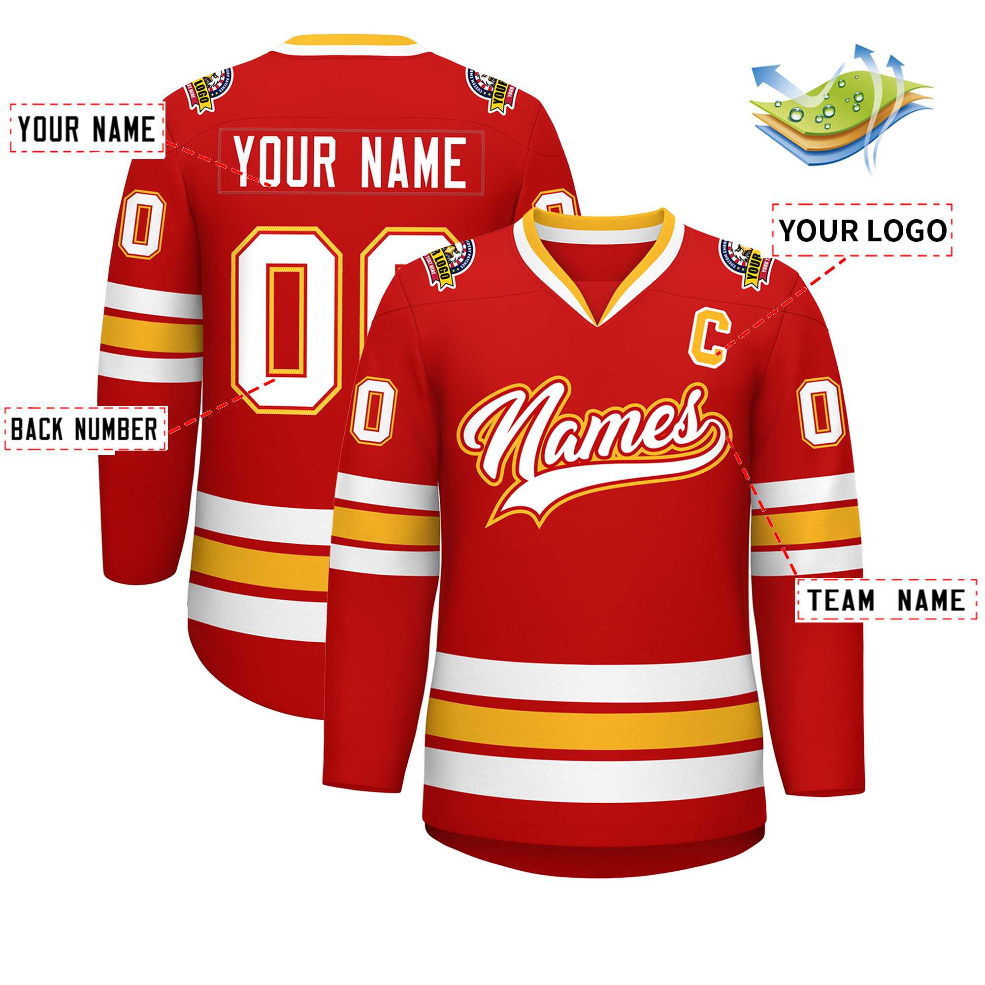 Custom Red White Red-Gold Classic Style Hockey Jersey