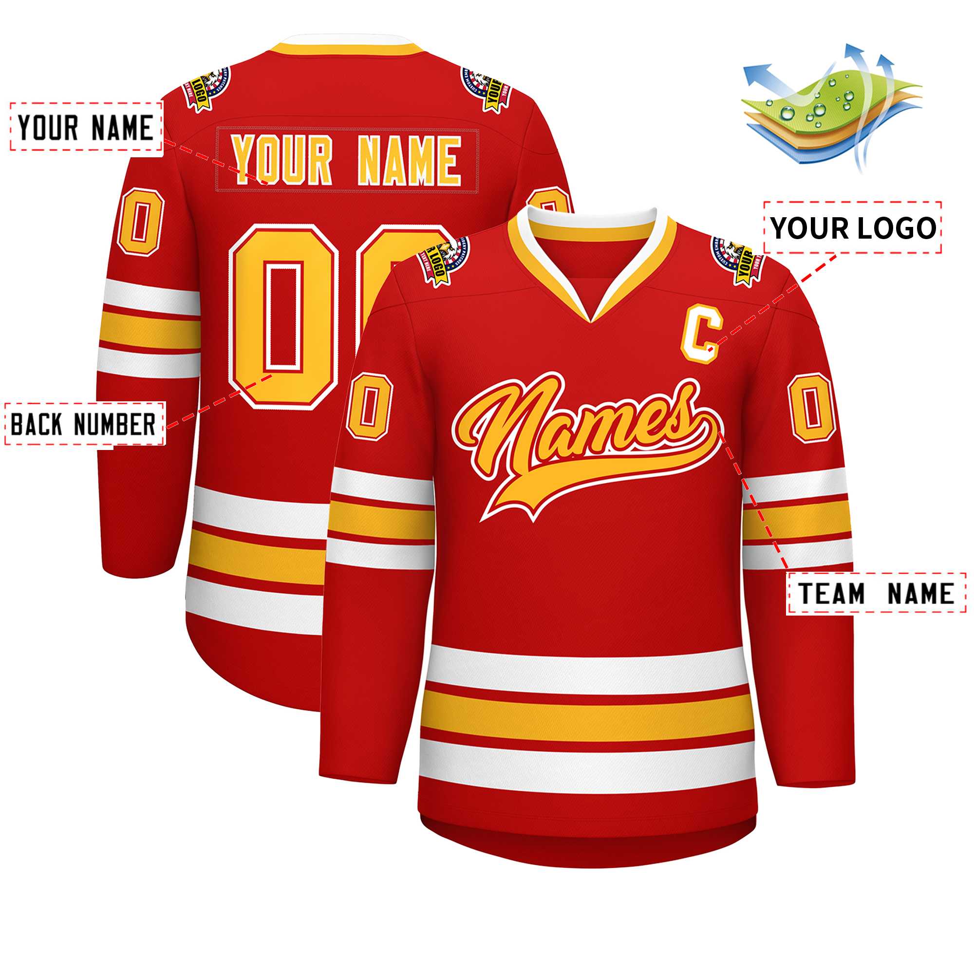 Custom Red Gold Red-White Classic Style Hockey Jersey