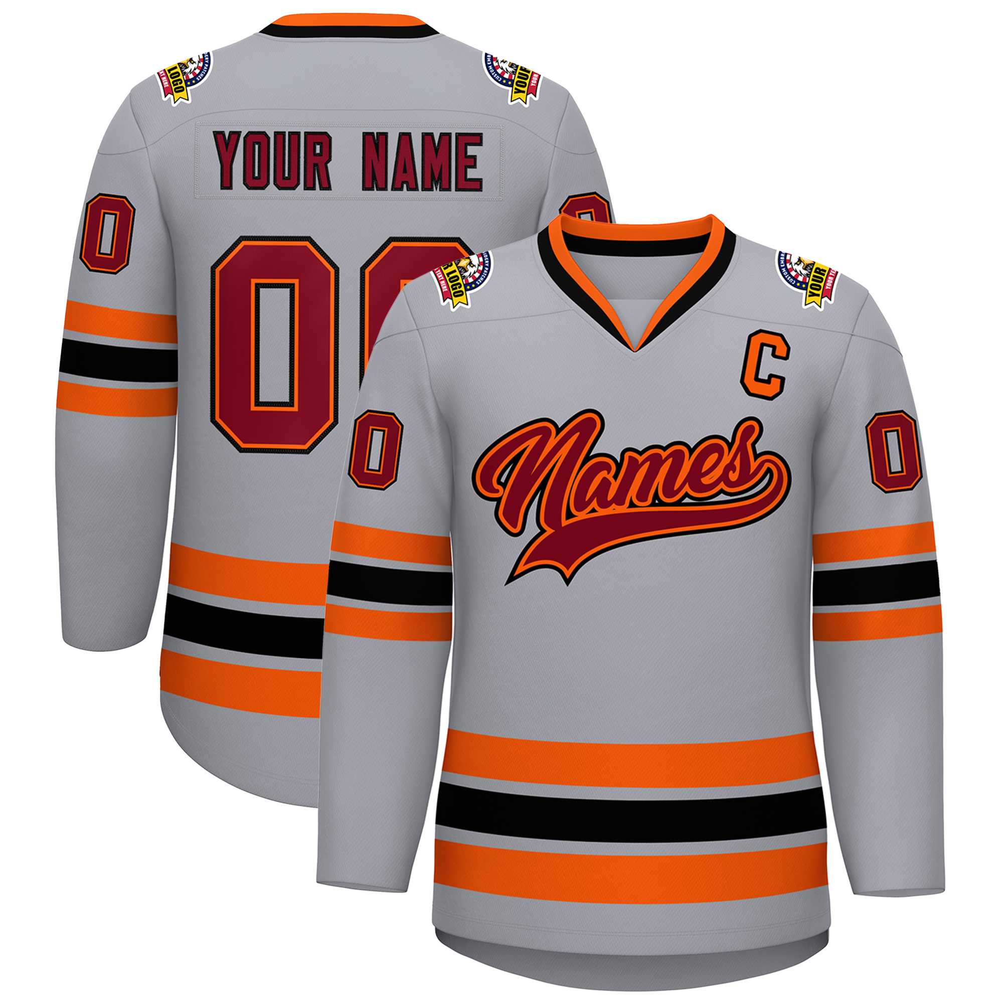 Maillot de hockey de style classique gris cramoisi orange-noir personnalisé