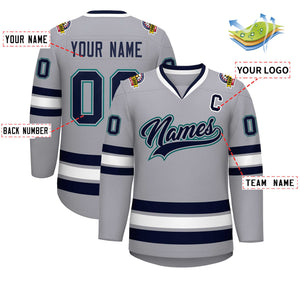 Custom Gray Navy Gray-Aqua Classic Style Hockey Jersey