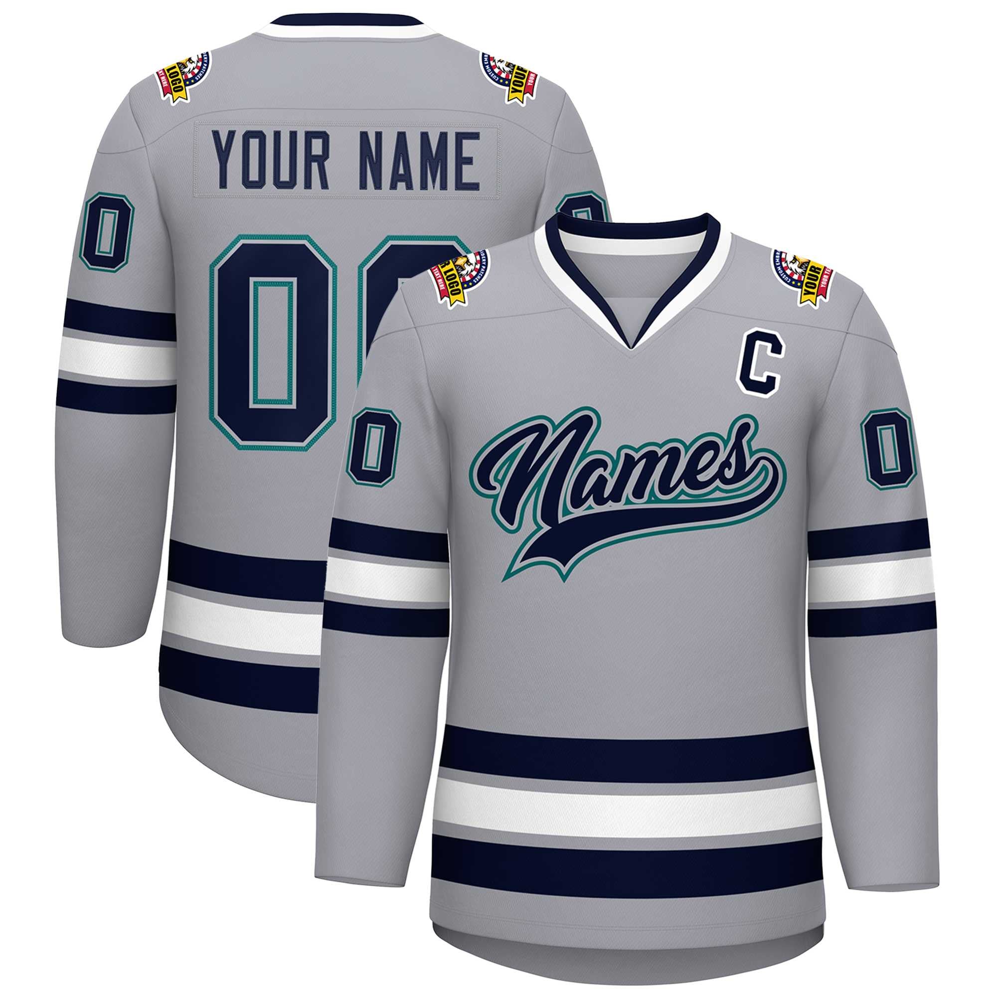 Custom Gray Navy Gray-Aqua Classic Style Hockey Jersey