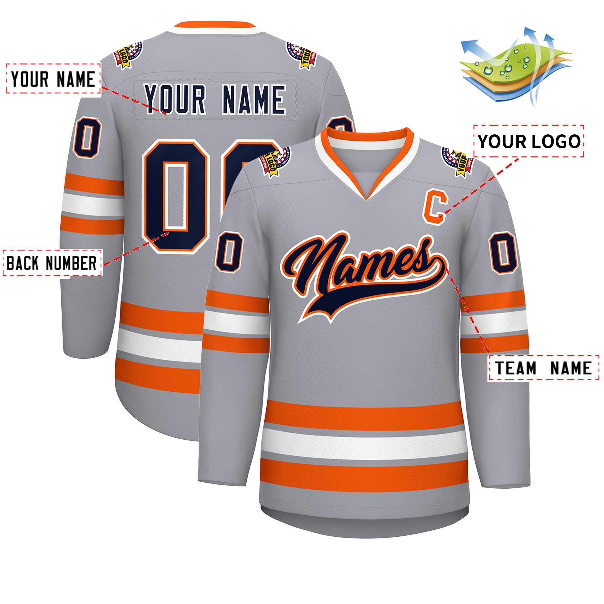 Maillot de hockey de style classique personnalisé gris marine orange-blanc