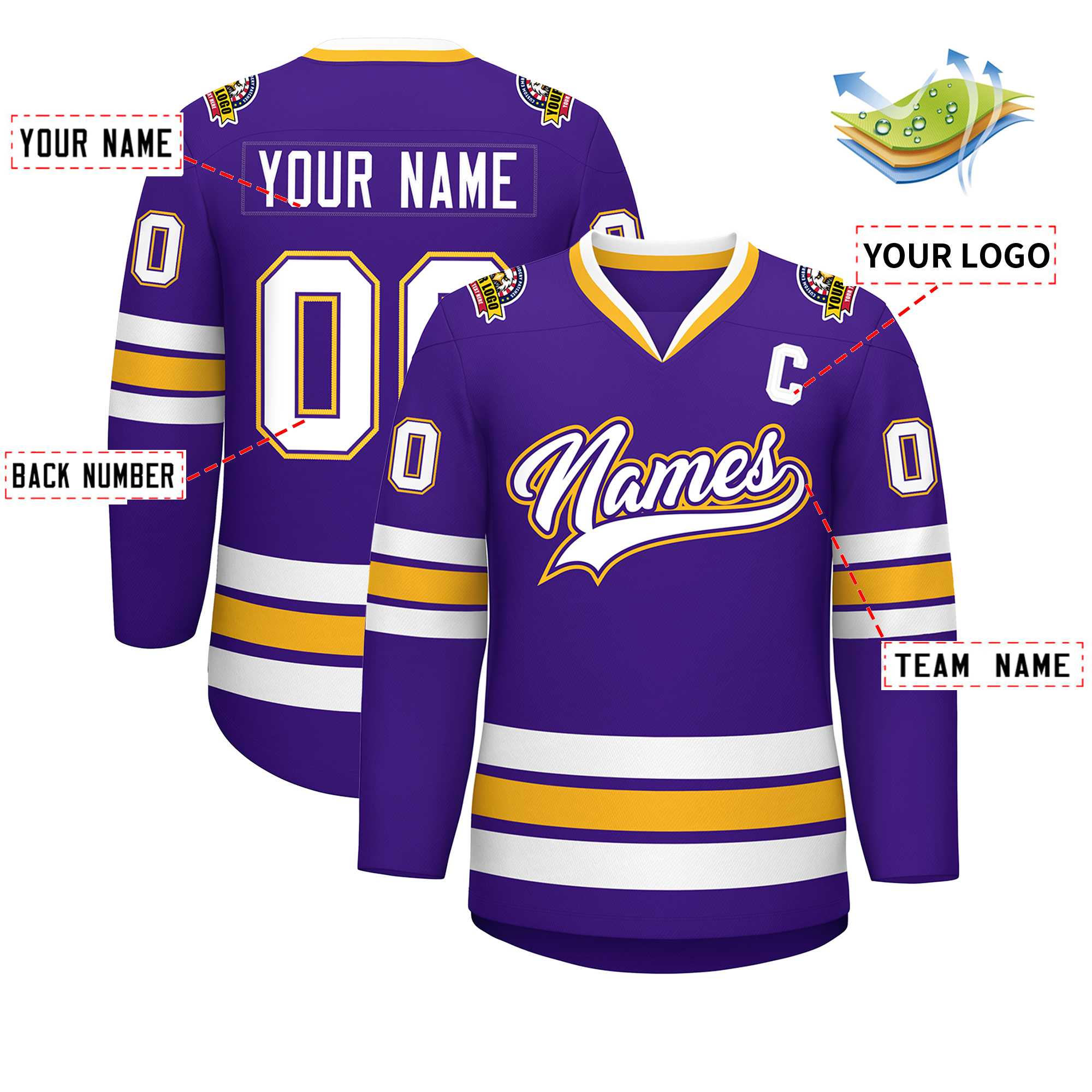 Maillot de hockey de style classique personnalisé violet blanc violet-or