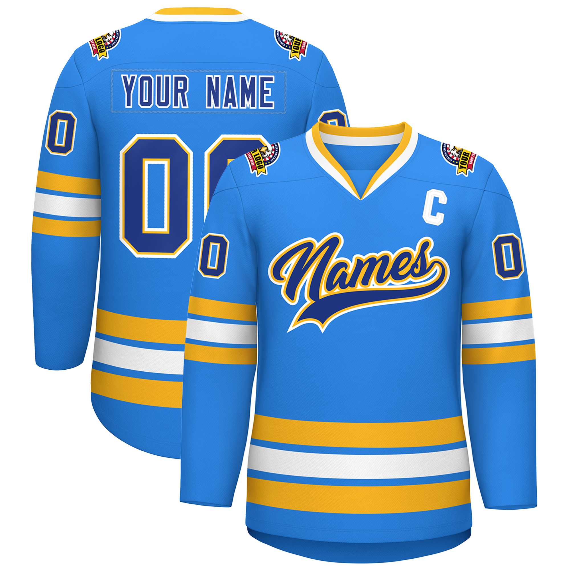 Custom Powder Blue Royal Gold-White Classic Style Hockey Jersey