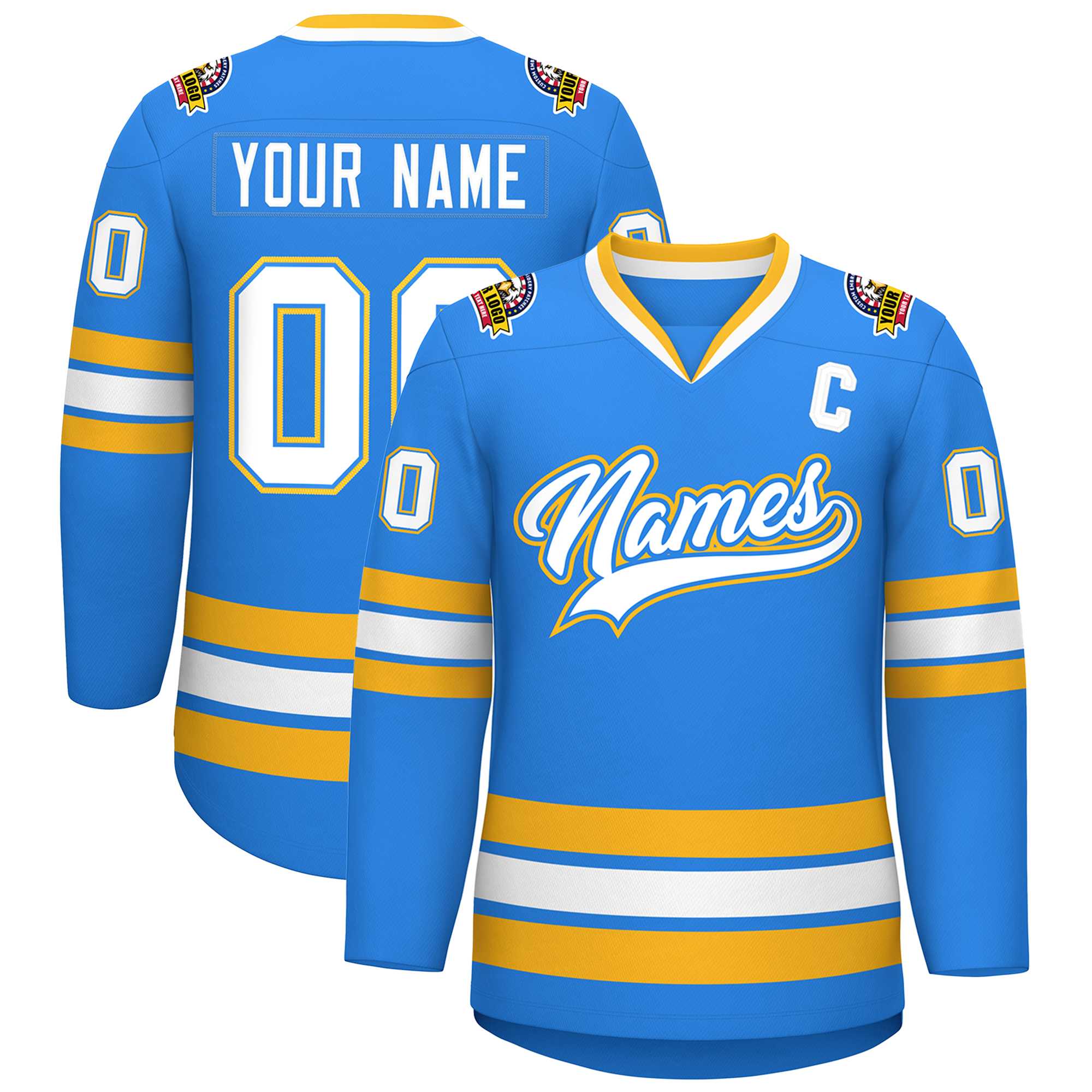 Custom Powder Blue White Powder Blue-Gold Classic Style Hockey Jersey